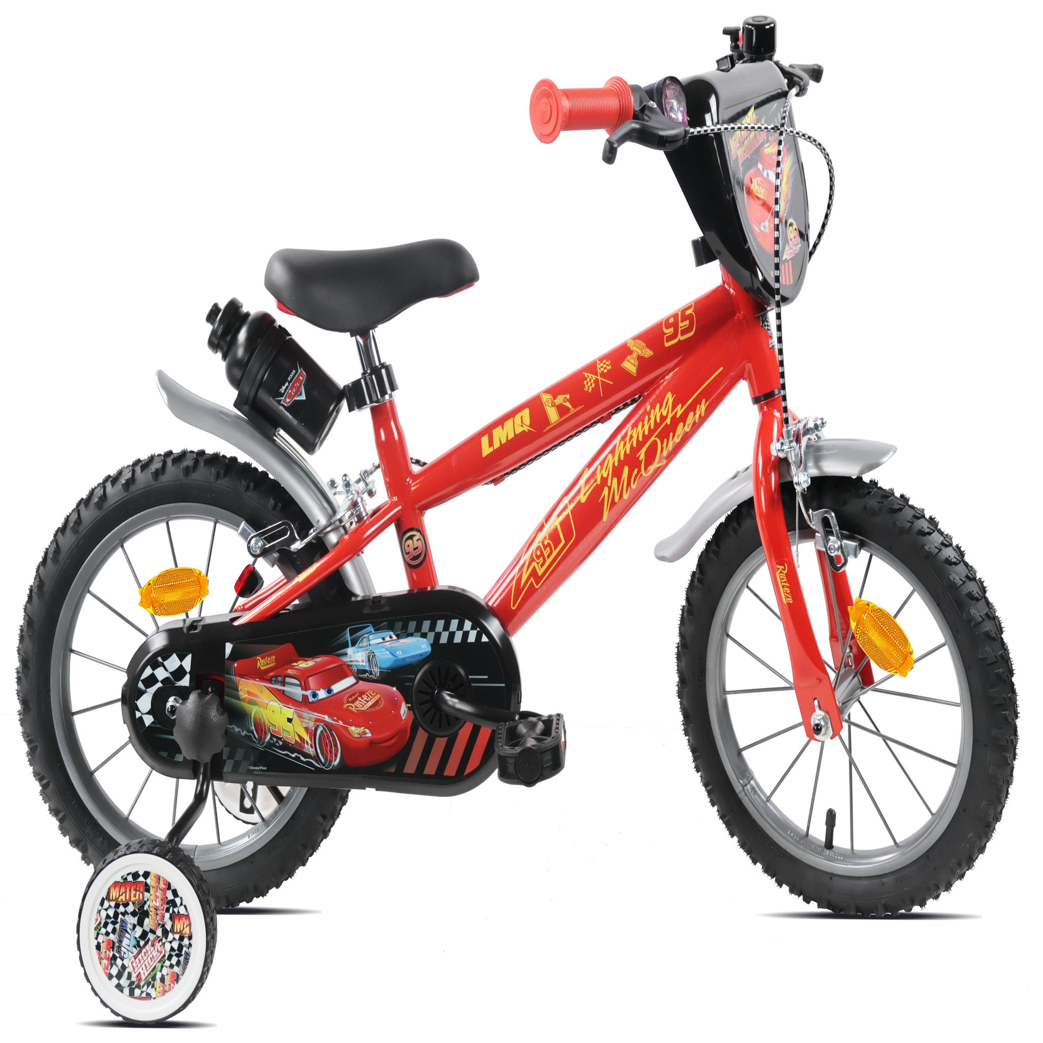 Disney Cars Vélo enfant 14'' CARS / DISNEY pour enfant de 90 à 110 cm avec 2 freins, plaque avant décorative, bidon arrière et stabilisateurs