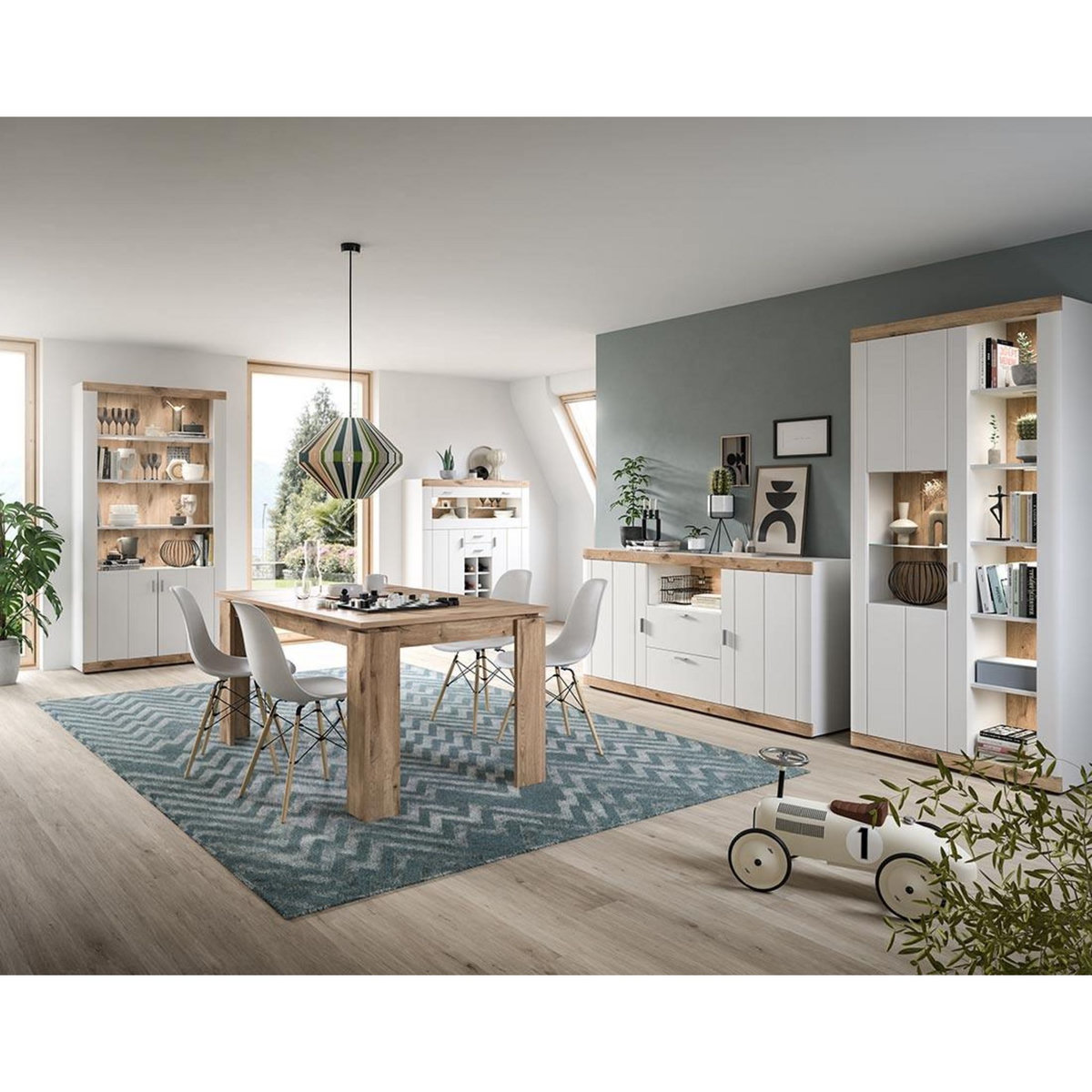 BEST MOBILIER Coventry - buffet haut - blanc et effet bois - 8 niches, 3 portes et 2 tiroirs - 142 cm