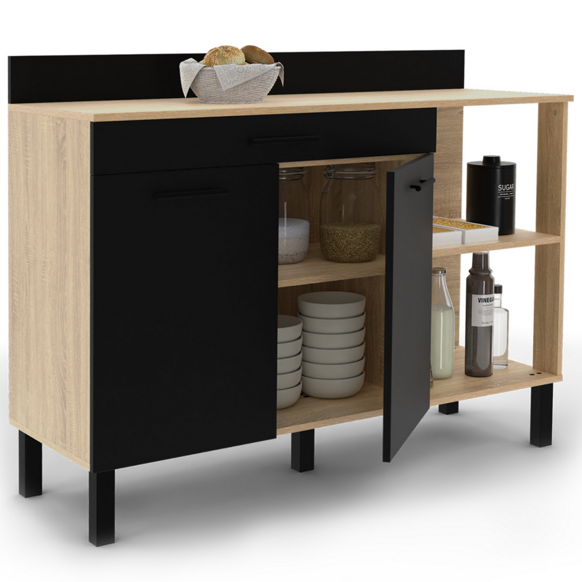ID MARKET Buffet bas de cuisine 120 CM CINA plan de travail H.83 cm 2 portes + tiroir façon hêtre et noir