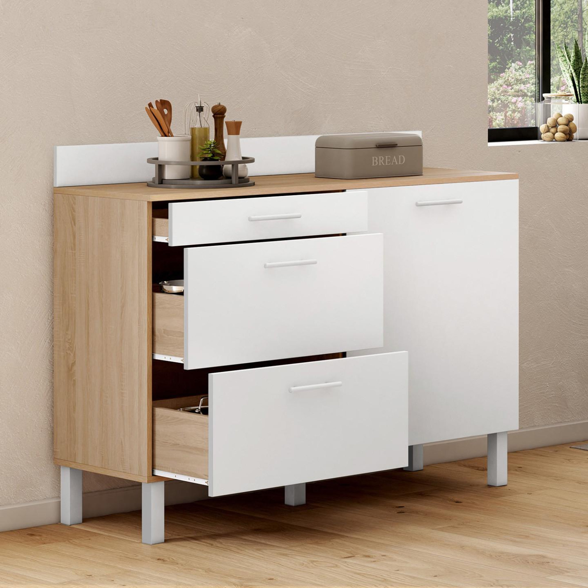 Voir la diapositive 2 : ID MARKET Buffet bas de cuisine 120 cm casserolier cina plan de travail h.83 cm 1 porte + 3 tiroirs façon hêtre et blanc