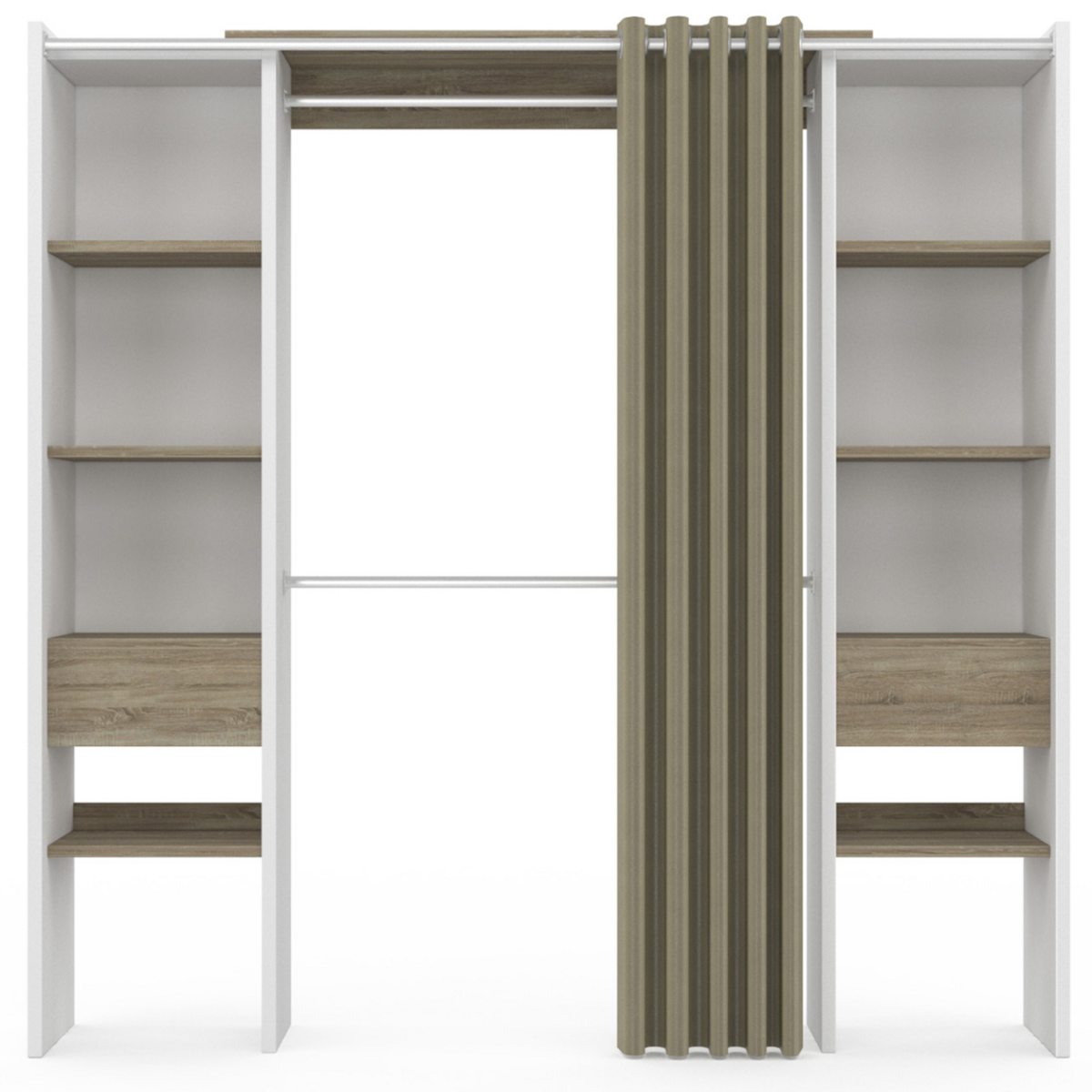 ID MARKET Dressing extensible double MERYL 120/180 x 50 x 180 cm blanc avec étagères hêtre + double penderie + rideau taupe