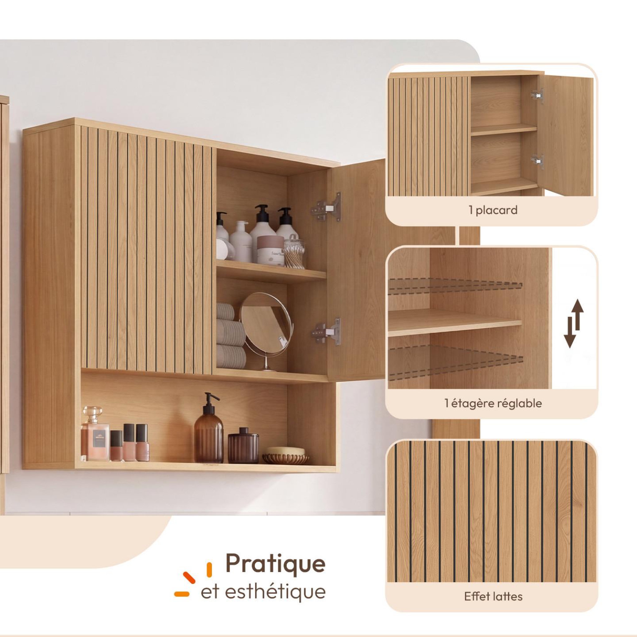 Voir la diapositive 4 : ID MARKET Meuble de rangement suspendu pour salle de bain VICTOR 2 portes et étagère effet lattes