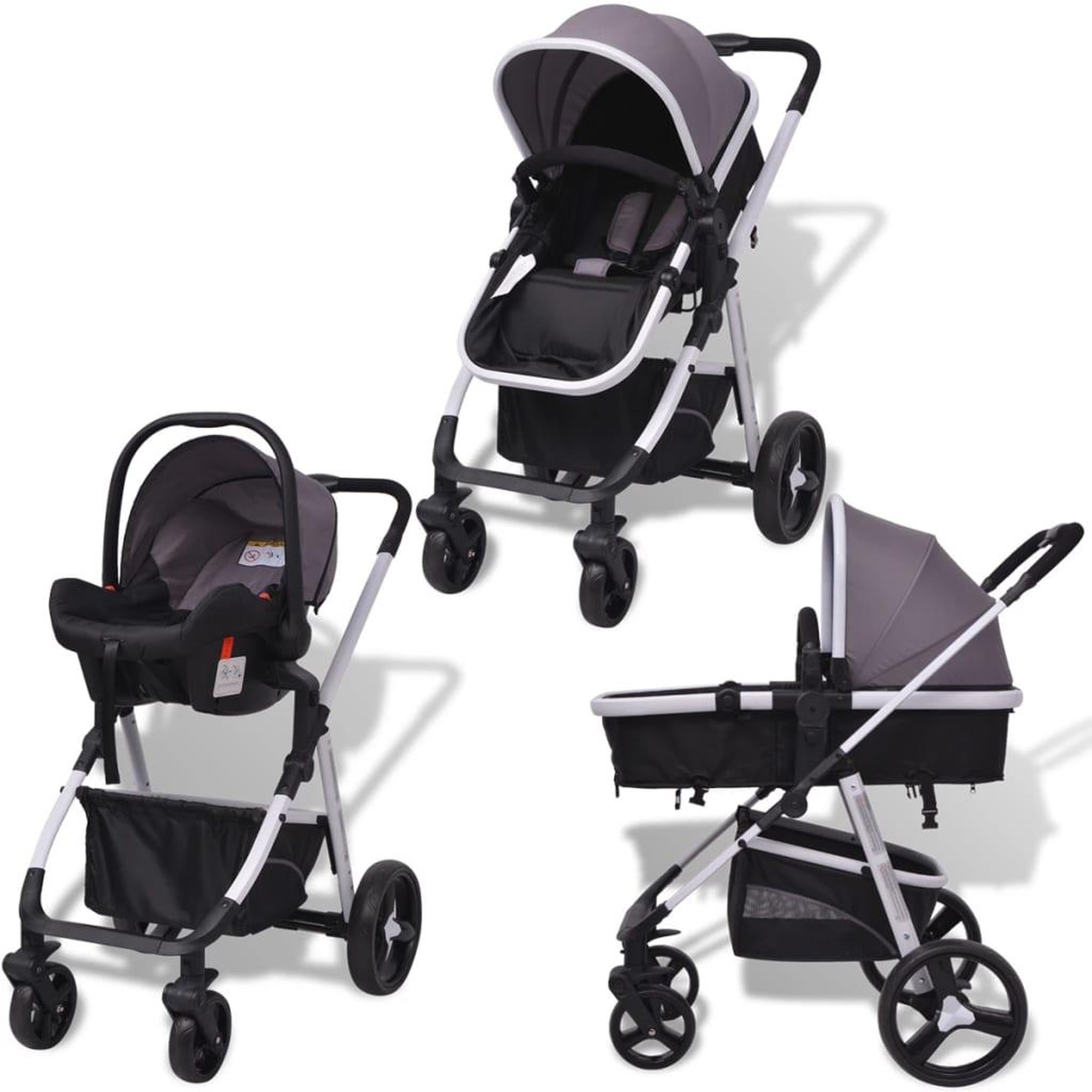Voir la diapositive 2 : VIDAXL Poussette 3-en-1 Aluminium Gris et noir