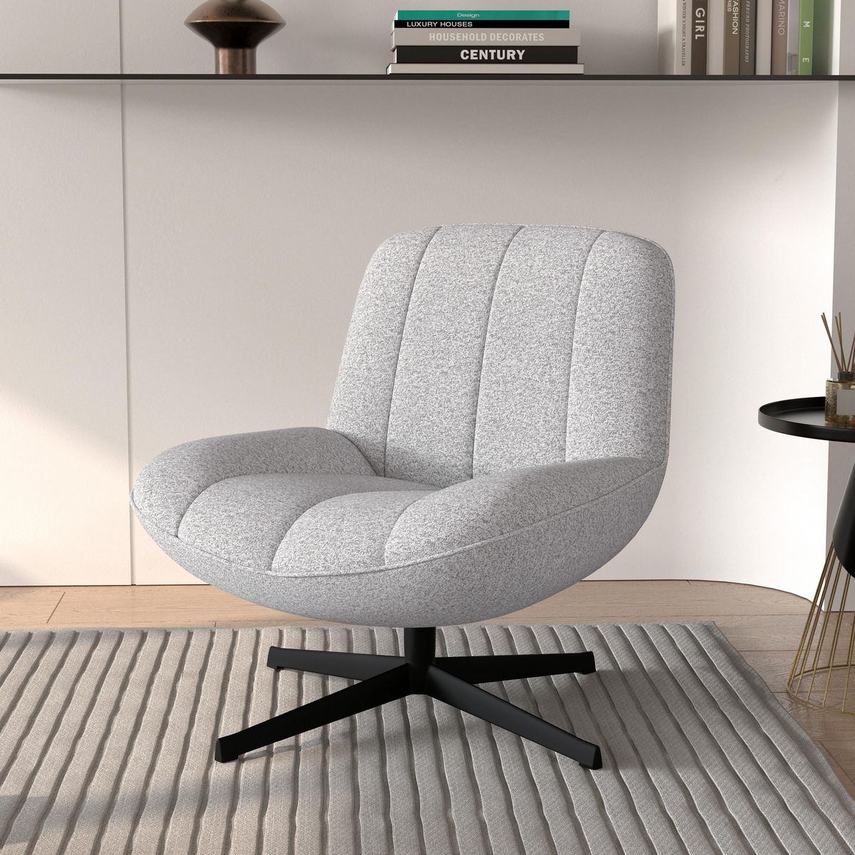 Rendez vous déco Fauteuil pivotant en tissu bouclé blanc cassé - Elvis