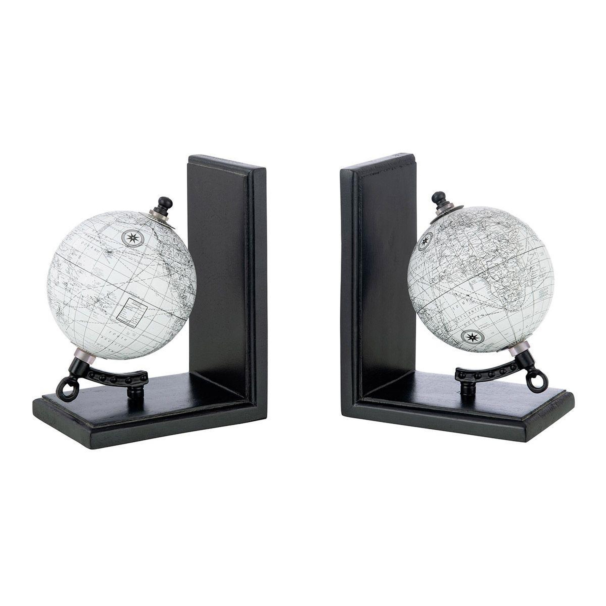 J-LINE Lot de 2 serre-livres en bois  globe  18cm noir & gris