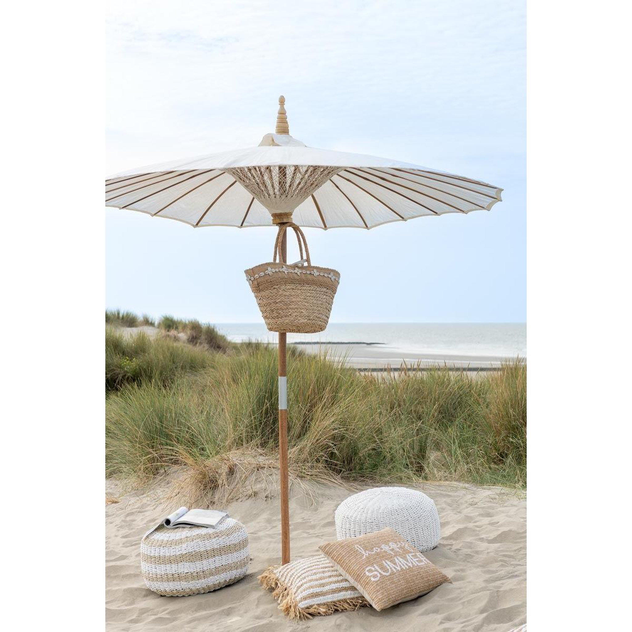 Voir la diapositive 3 : J-LINE Pouf rond à rayure  tissage  50cm blanc & naturel