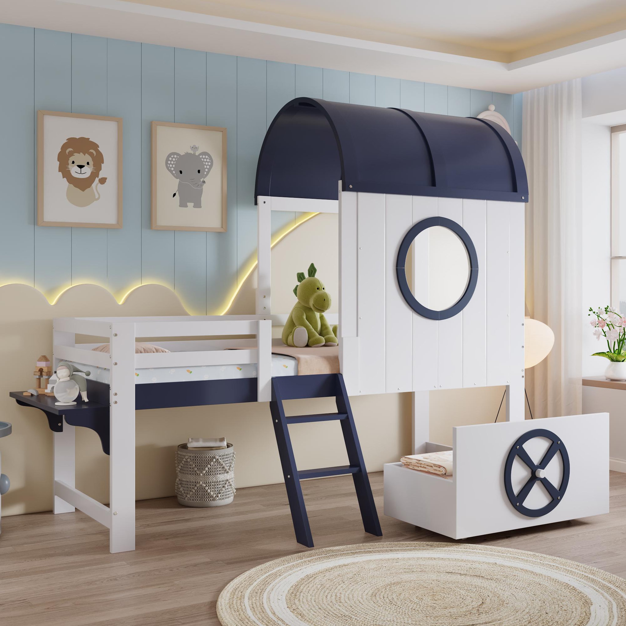 Voir la diapositive 4 : MERAX Lit enfant mi hauteur 90x200cm coloris blanc+bleu pin et mdf