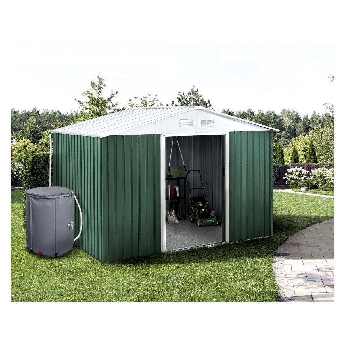 Habitat et Jardin Abri de jardin métal -  Rosas   - 7,06 m² avec récupérateur d'eau et gouttière - Vert