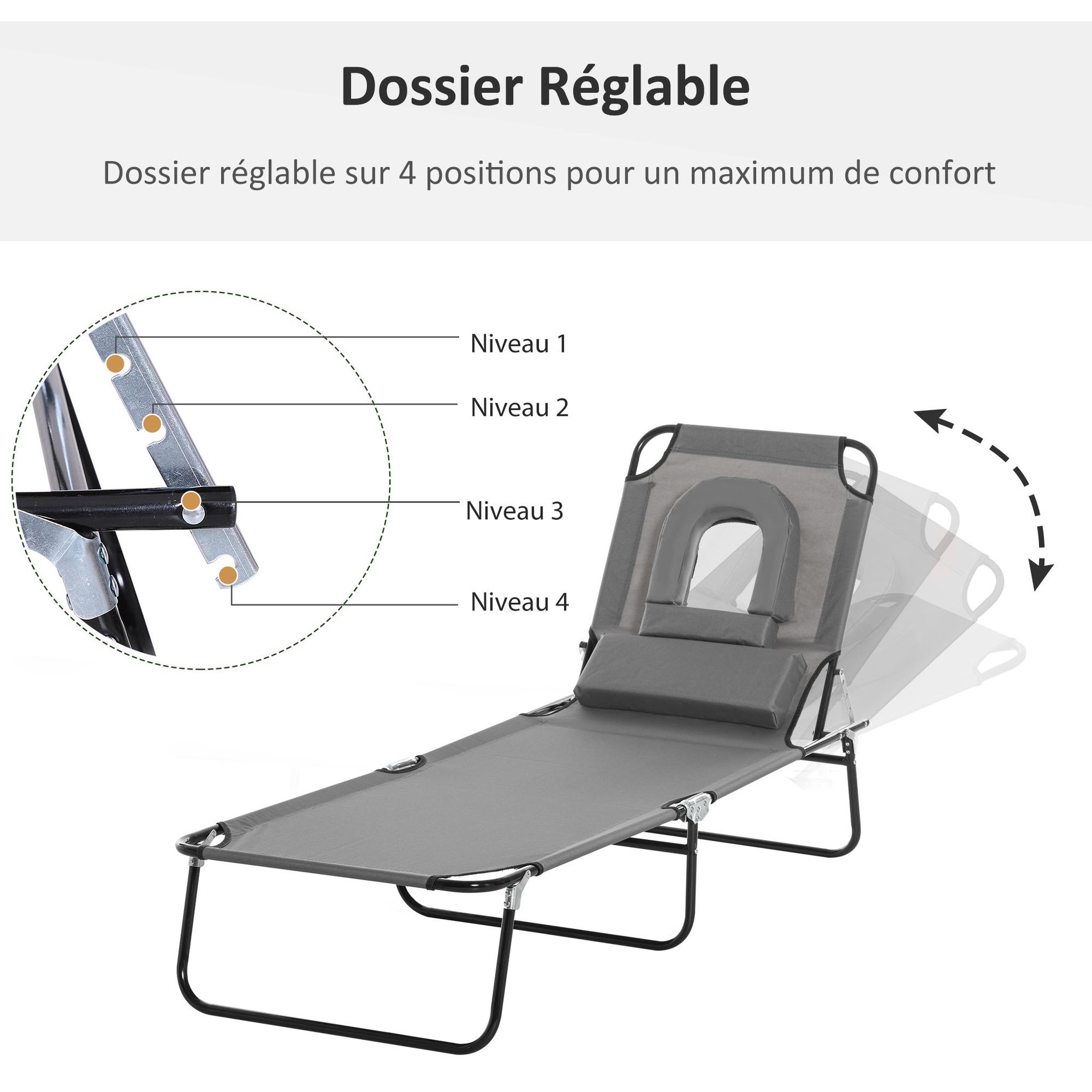 Voir la diapositive 5 : OUTSUNNY Bain de soleil pliable transat inclinable 4 positions chaise longue de lecture 3 coussins fournis gris