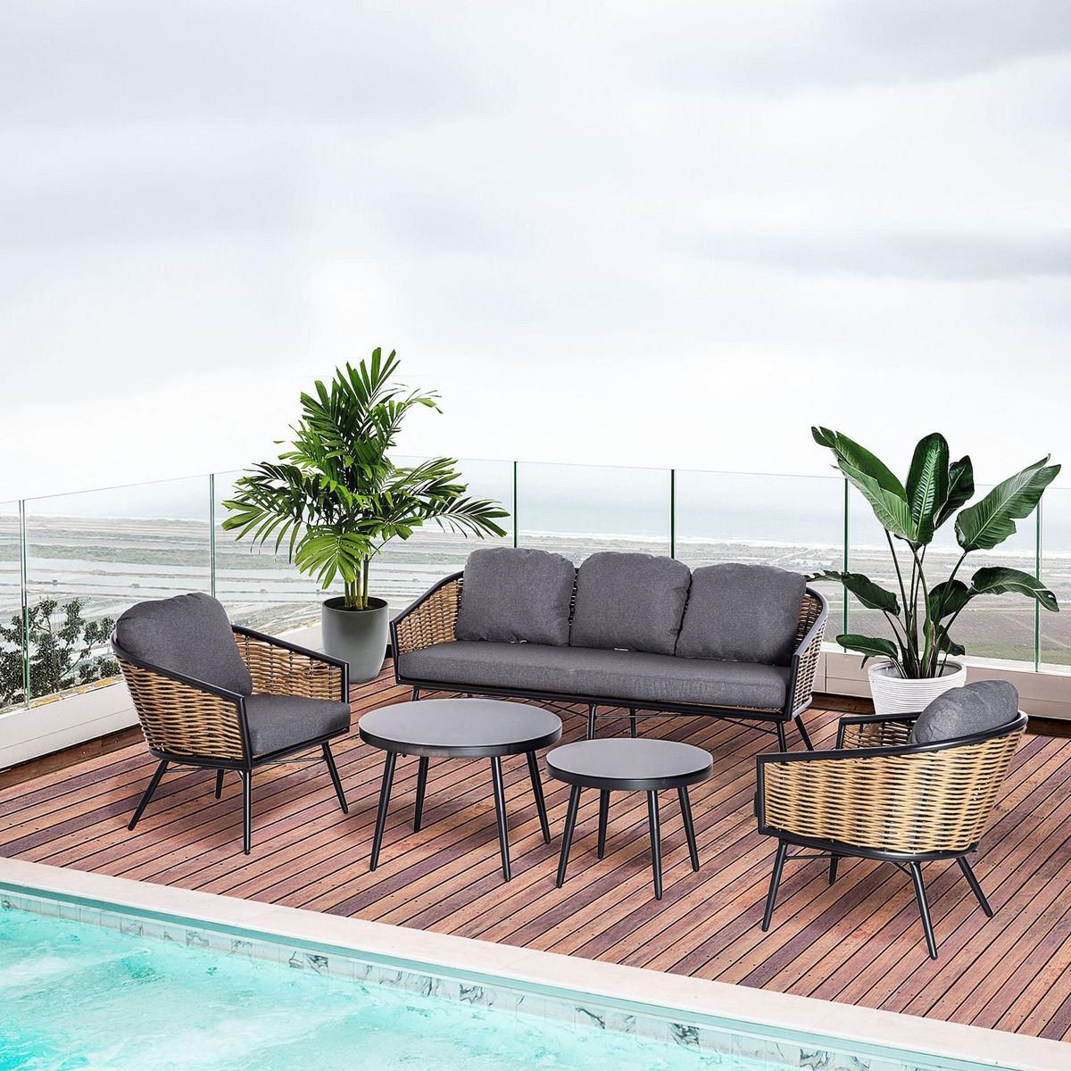 OUTSUNNY Salon de jardin 5 places 5 pièces style colonial tables gigognes coussins grand confort inclus résine tressée aspect rotin