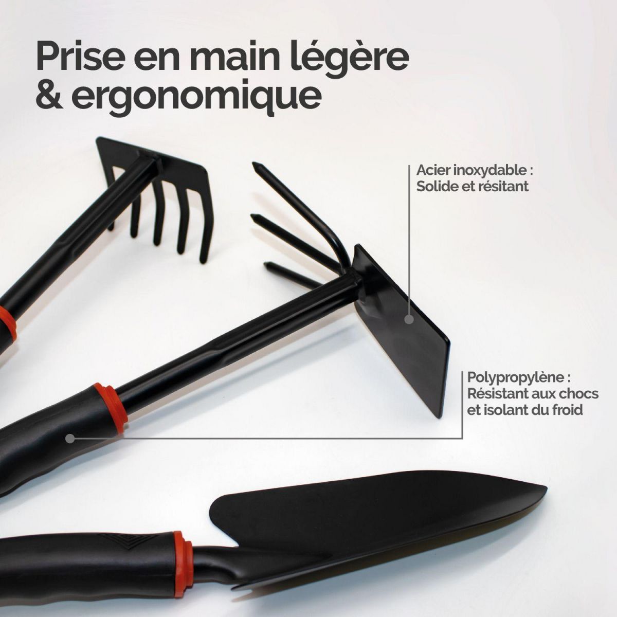 LINXOR Lot de 3 outils de jardinage à main en acier inoxydable - Noir