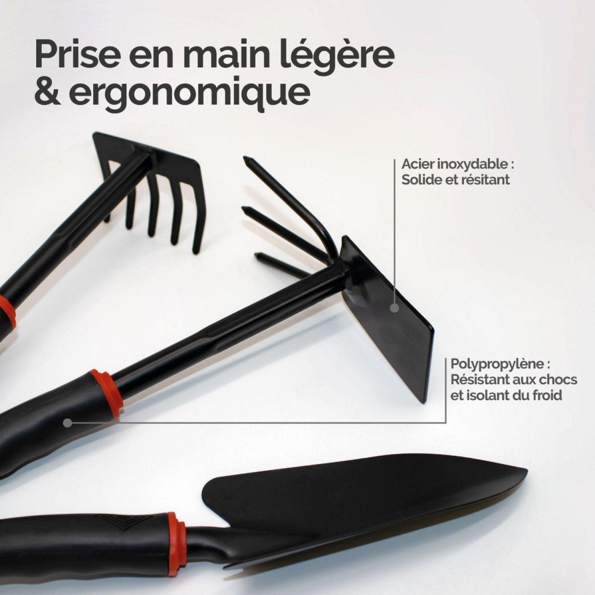 LINXOR Lot de 3 outils de jardinage à main en acier inoxydable - Noir