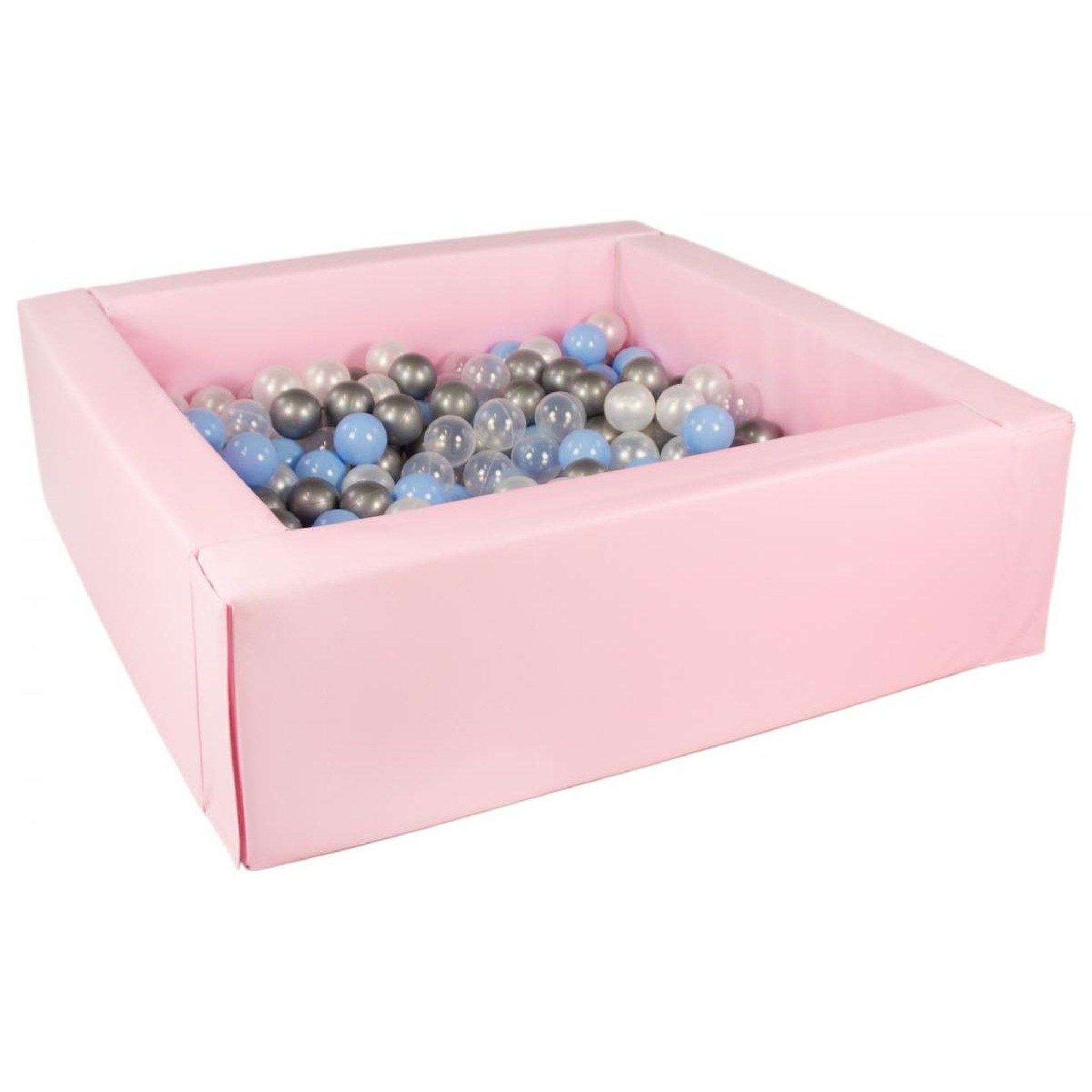 VELINDA Piscine à balles carrée avec 300 balles - rose clair/perle, transparent, bleu clair, argent