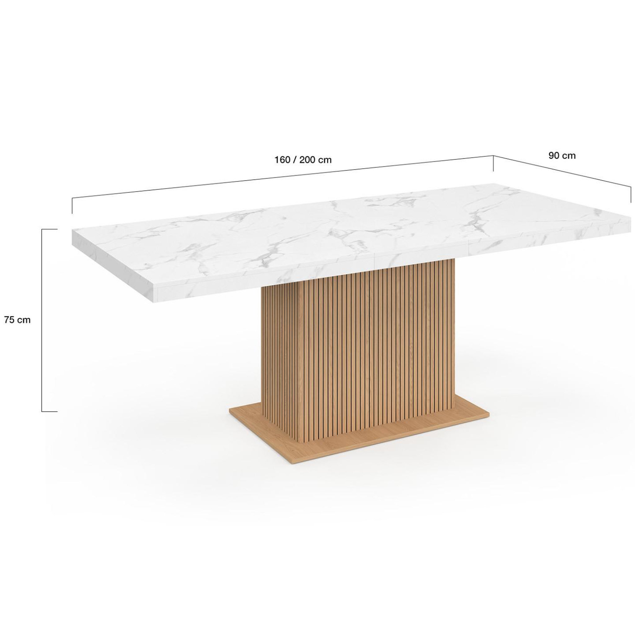 Voir la diapositive 5 : ID MARKET Table à manger extensible rectangle juliette 6-10 personnes plateau effet marbre lattes tasseau bois avec rangement 160-200 cm