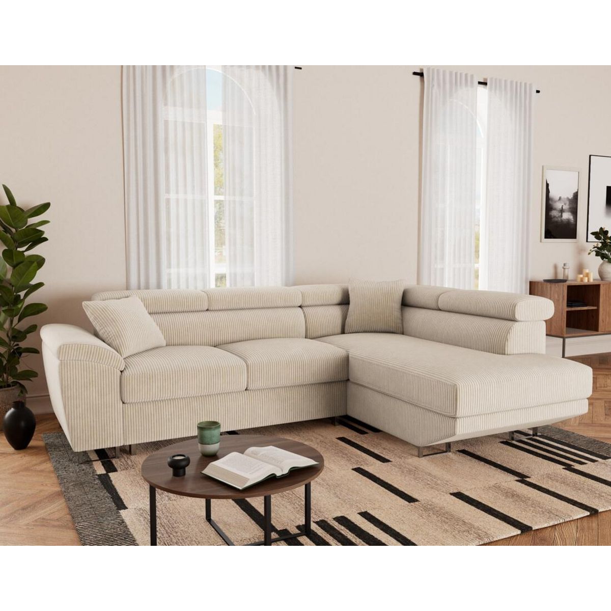 BEST MOBILIER Baoji - canapé d'angle droit 5 places convertible avec têtières et coffre en velours côtelé