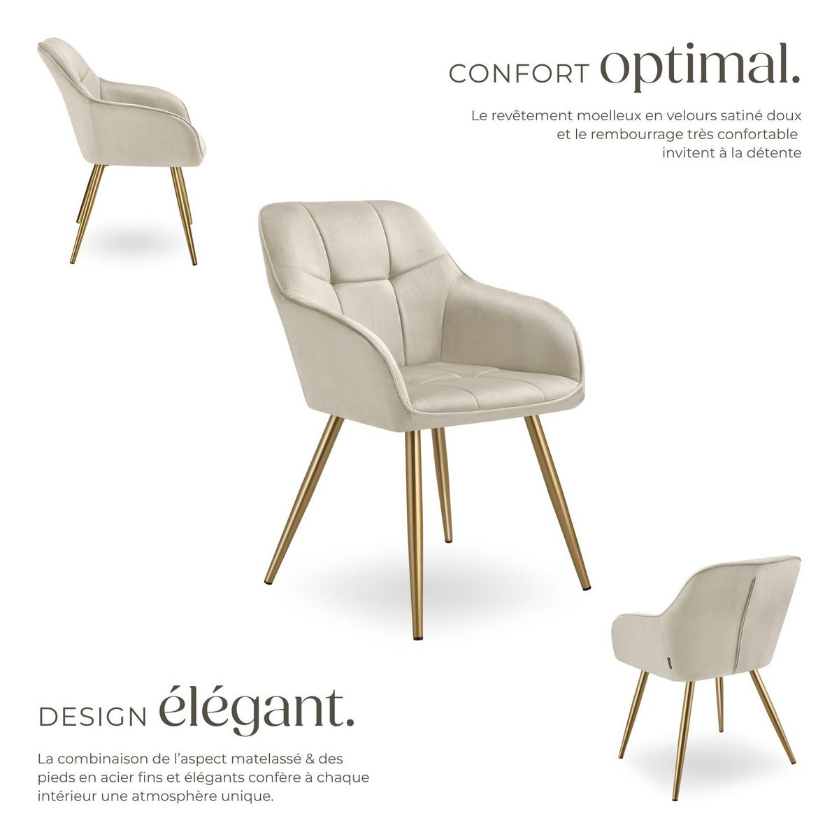tectake Chaise de salle à manger en velours rembourré capitonné crème/or Lot de 4