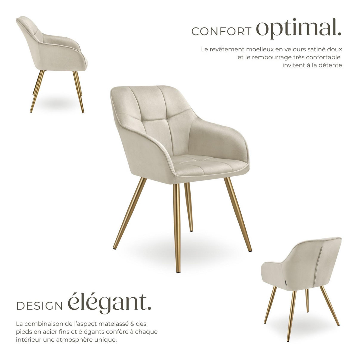tectake Chaise de salle à manger en velours rembourré capitonné crème/or Lot de 4