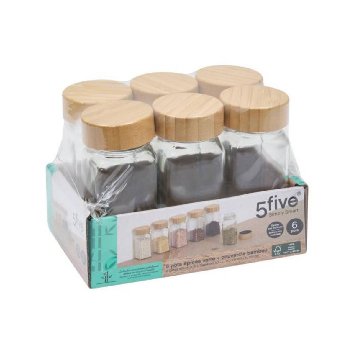 FIVE Lot de 6 Pots à Épices en Verre  Grady  15cm Transparent