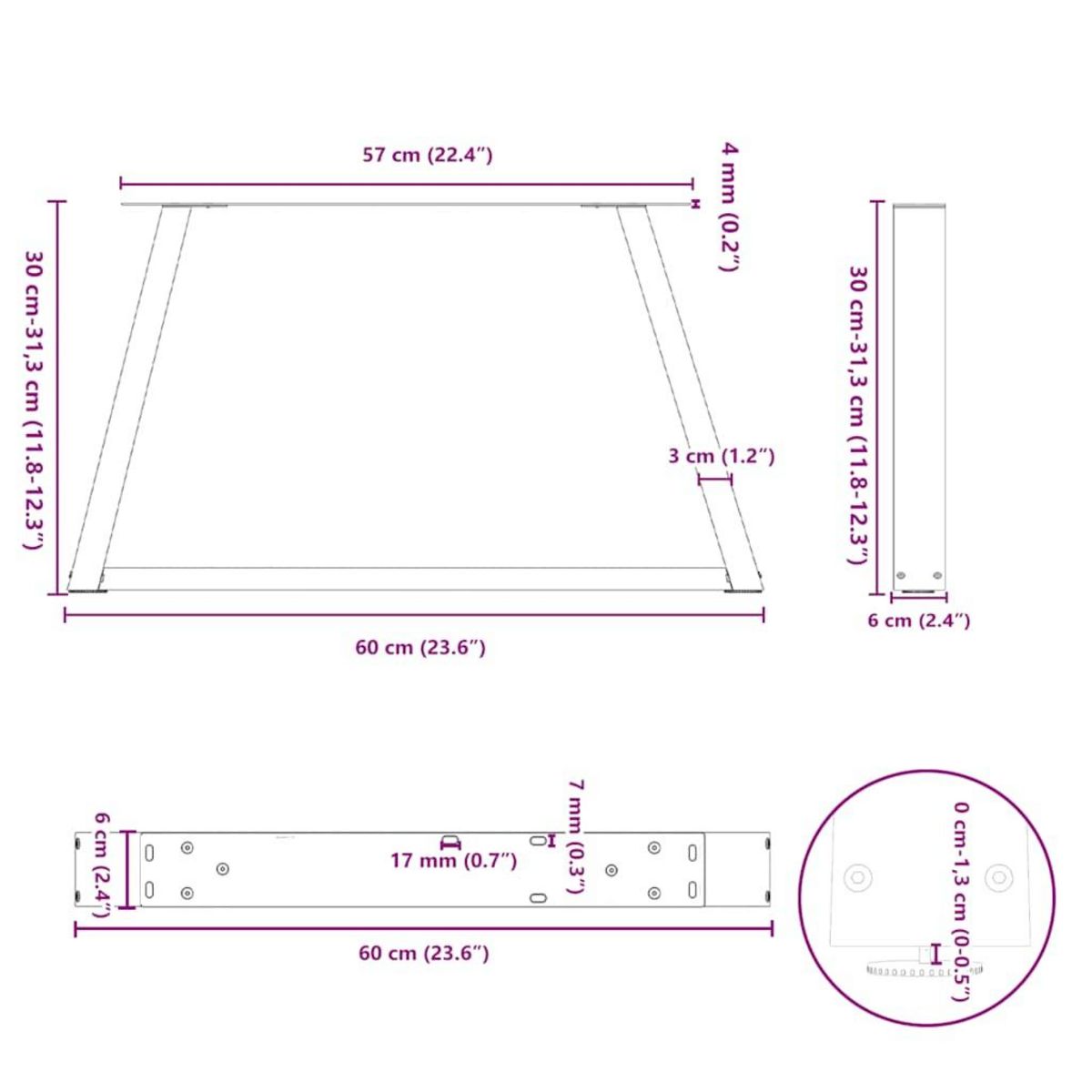 VIDAXL Pieds de table a manger forme V 2 pcs noir 60x(30-31,3)cm acier
