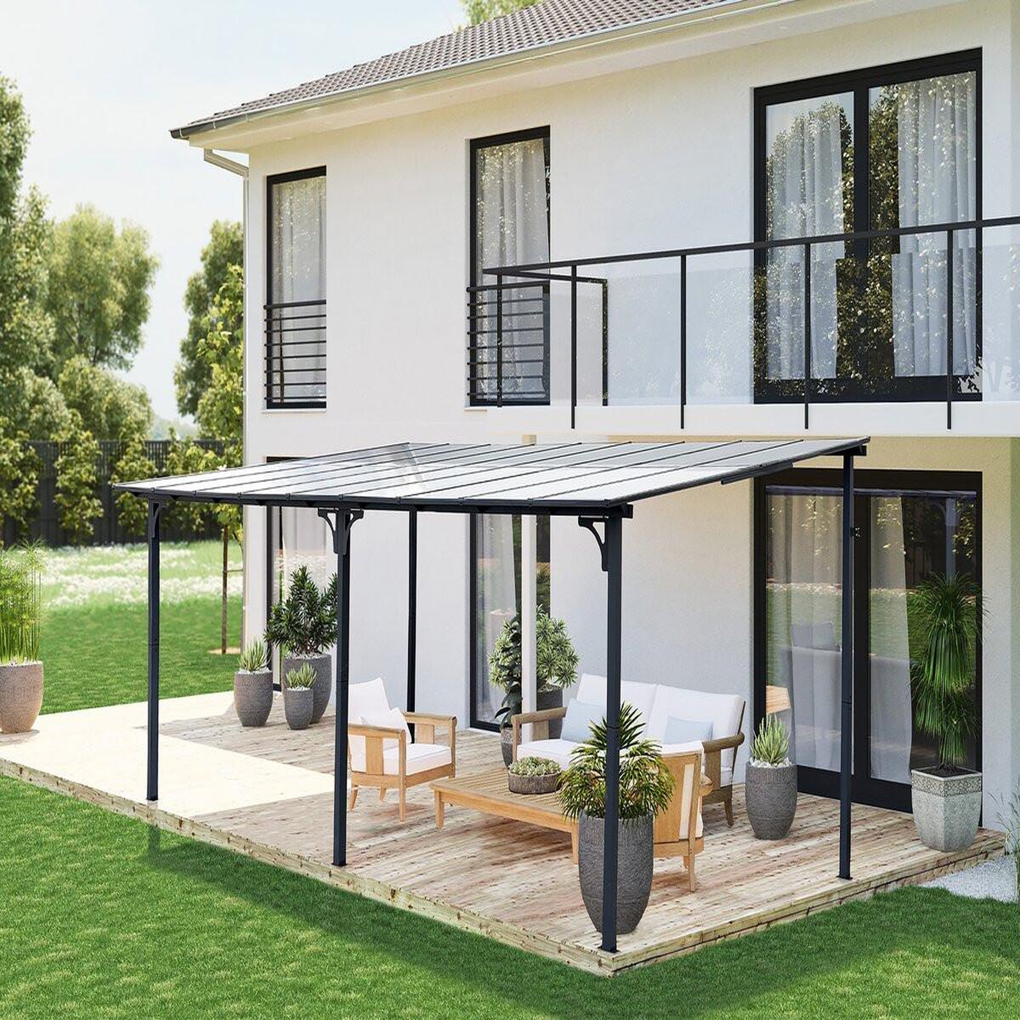 Voir la diapositive 2 : Habitat et Jardin Pergola tonnelle adossée  marvin  - 5.5 x 3 m - 545 x 298 x 243 cm - gris foncé