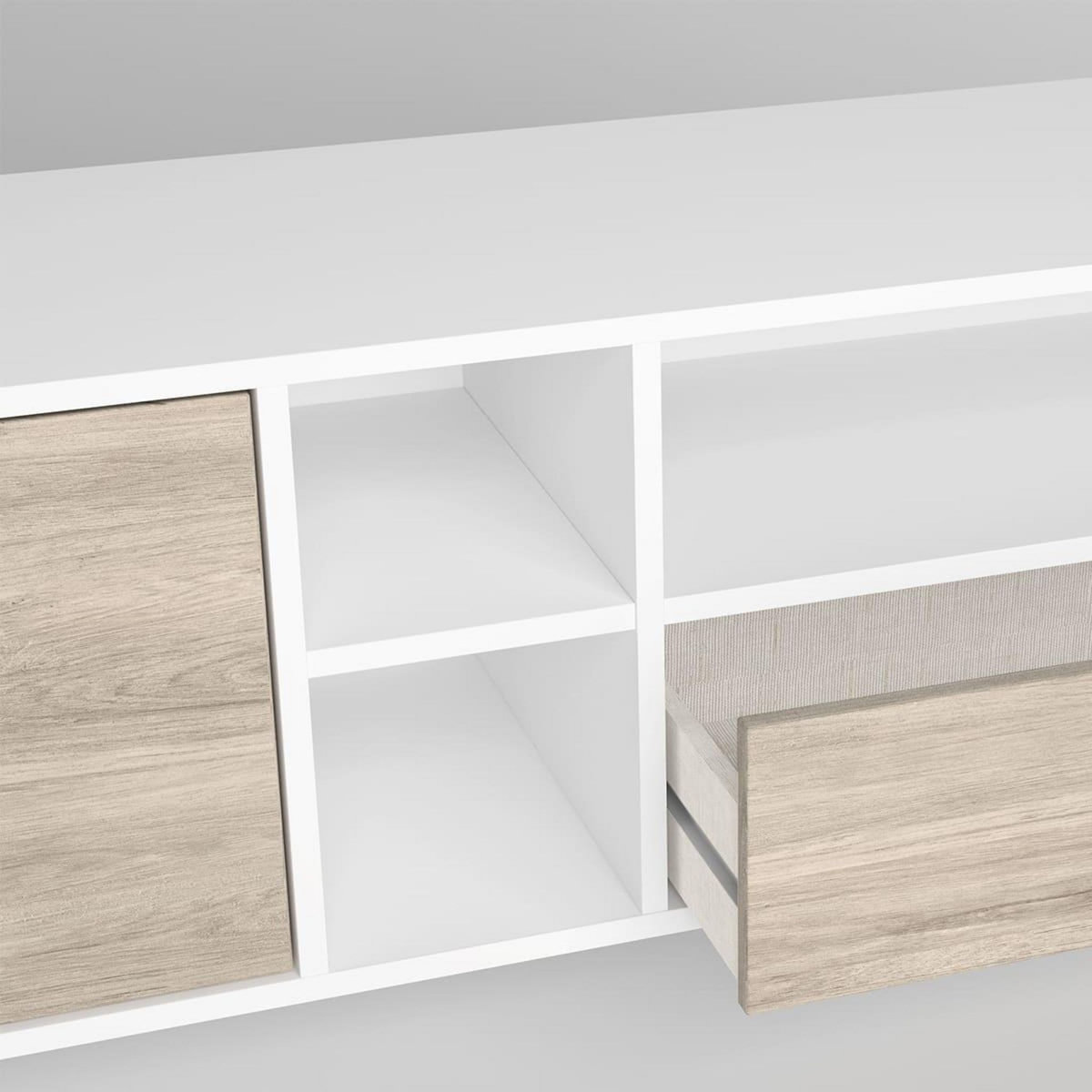 HOMIFAB Meuble TV 2 portes 1 tiroir effet bois et blanc 180 cm - Megan