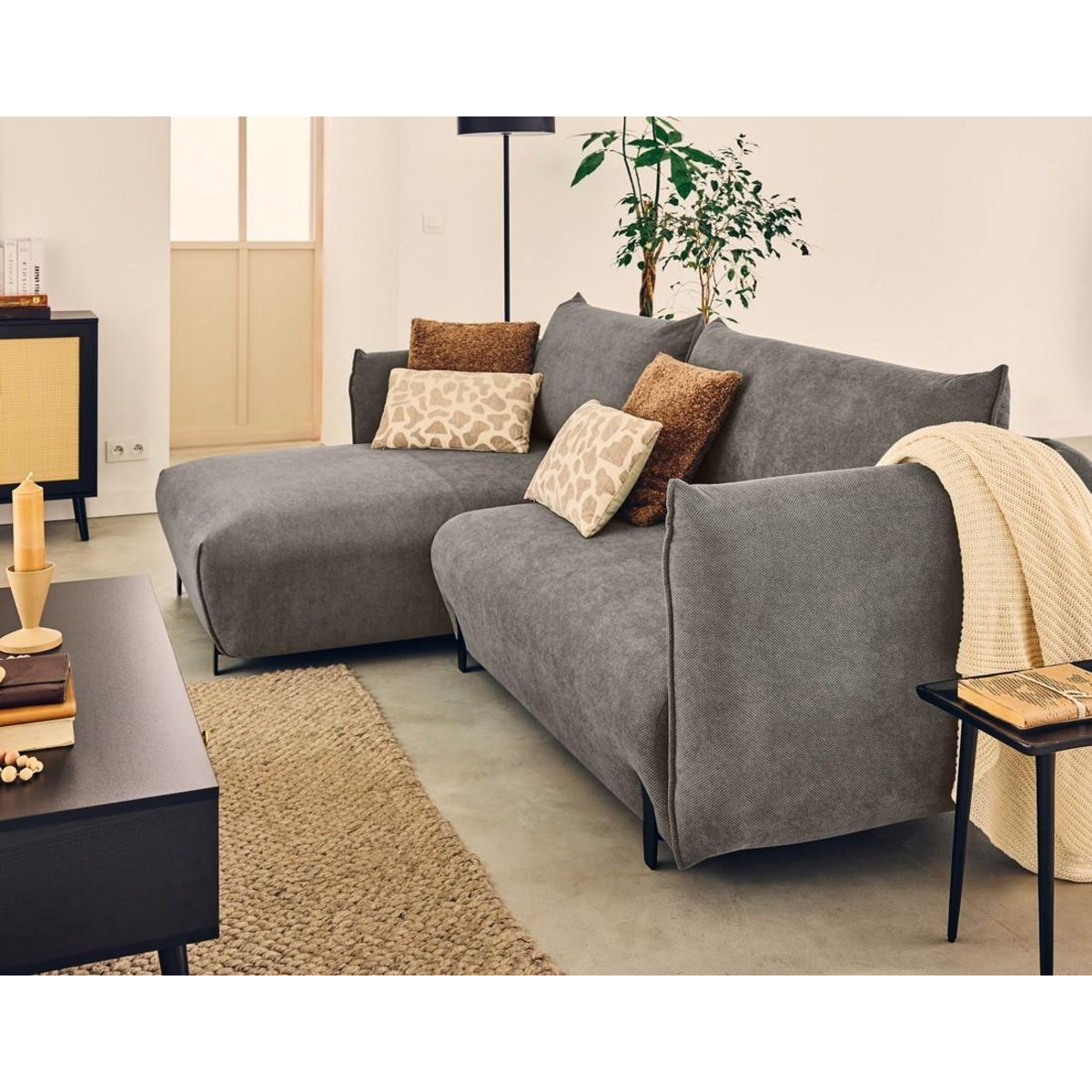 LISA DESIGN Gianni - canapé d'angle gauche 4 places convertible avec coffre en tissu