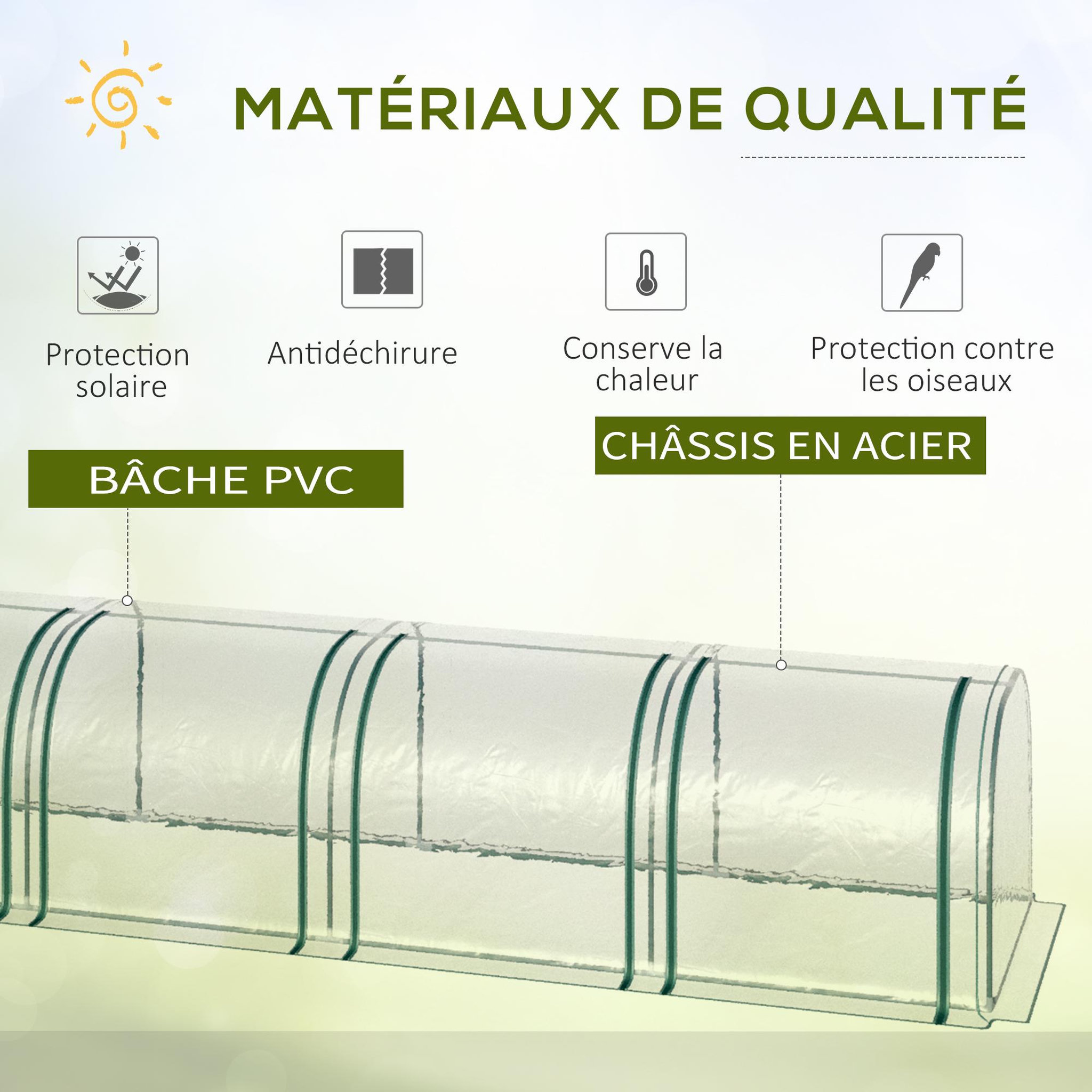 Voir la diapositive 4 : OUTSUNNY Serre de jardin tunnel 2,95L x 1l x 0,8H m 3 portes zippées bâche PVC transparent métal époxy vert