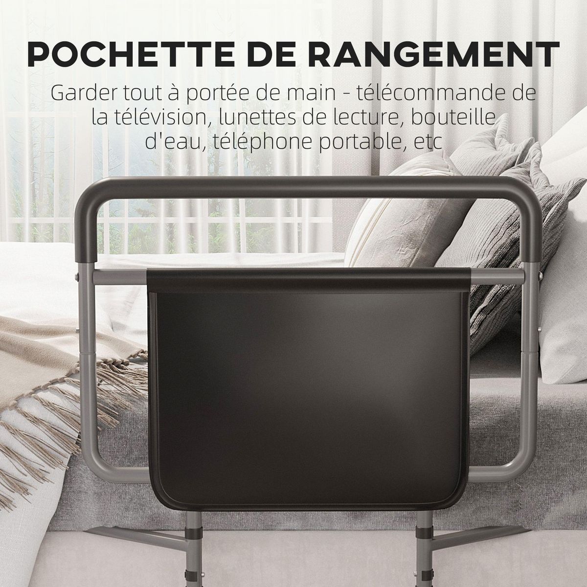 HOMCOM Barre de redressement de lit réglable en hauteur - poignée d'appui pour le lit - barre d'appui de lit - acier PU gris noir