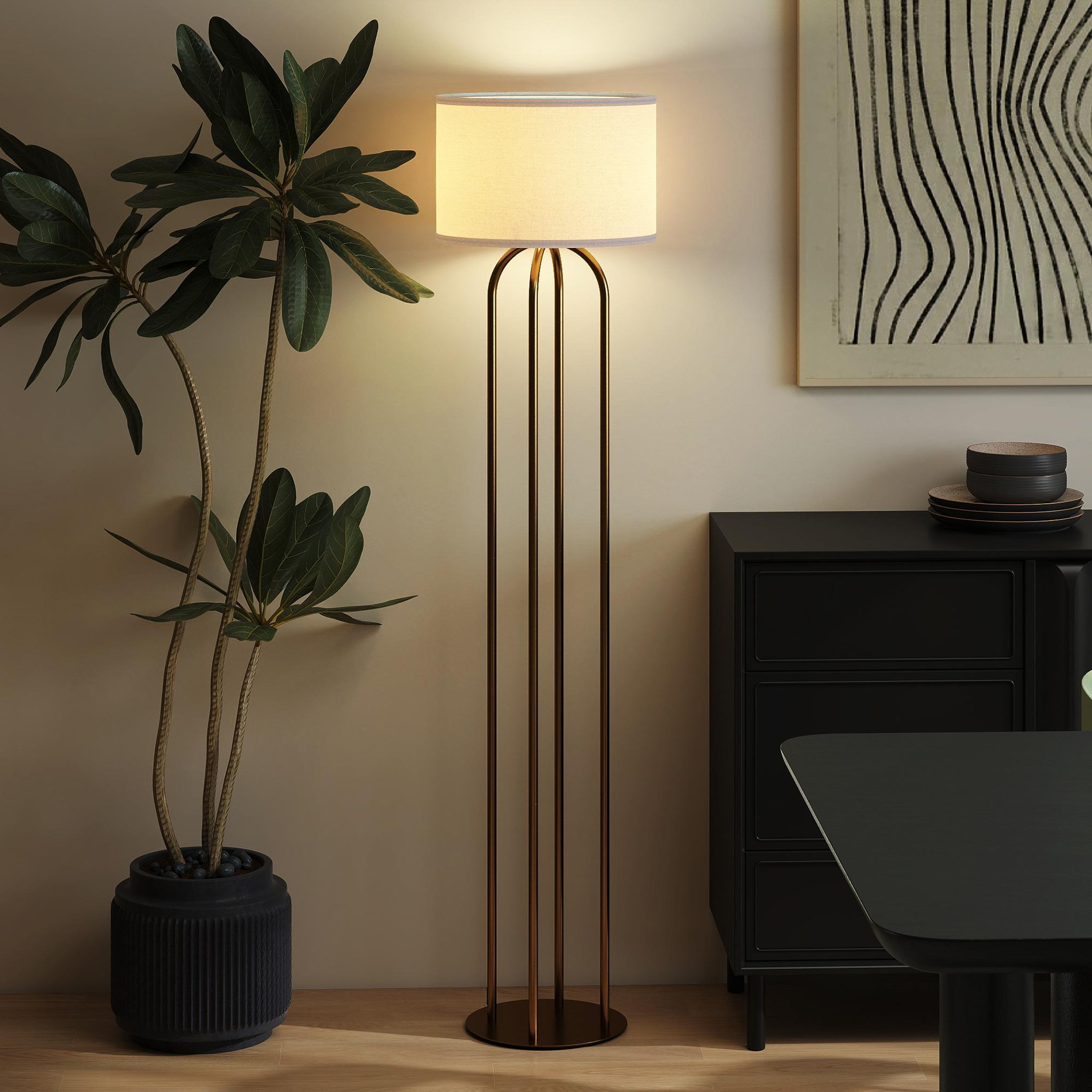 Voir la diapositive 2 : HOMCOM Lampadaire design métal doré 4 pieds base abat-jour circulaire lin beige dia. 38 x h.161 cm