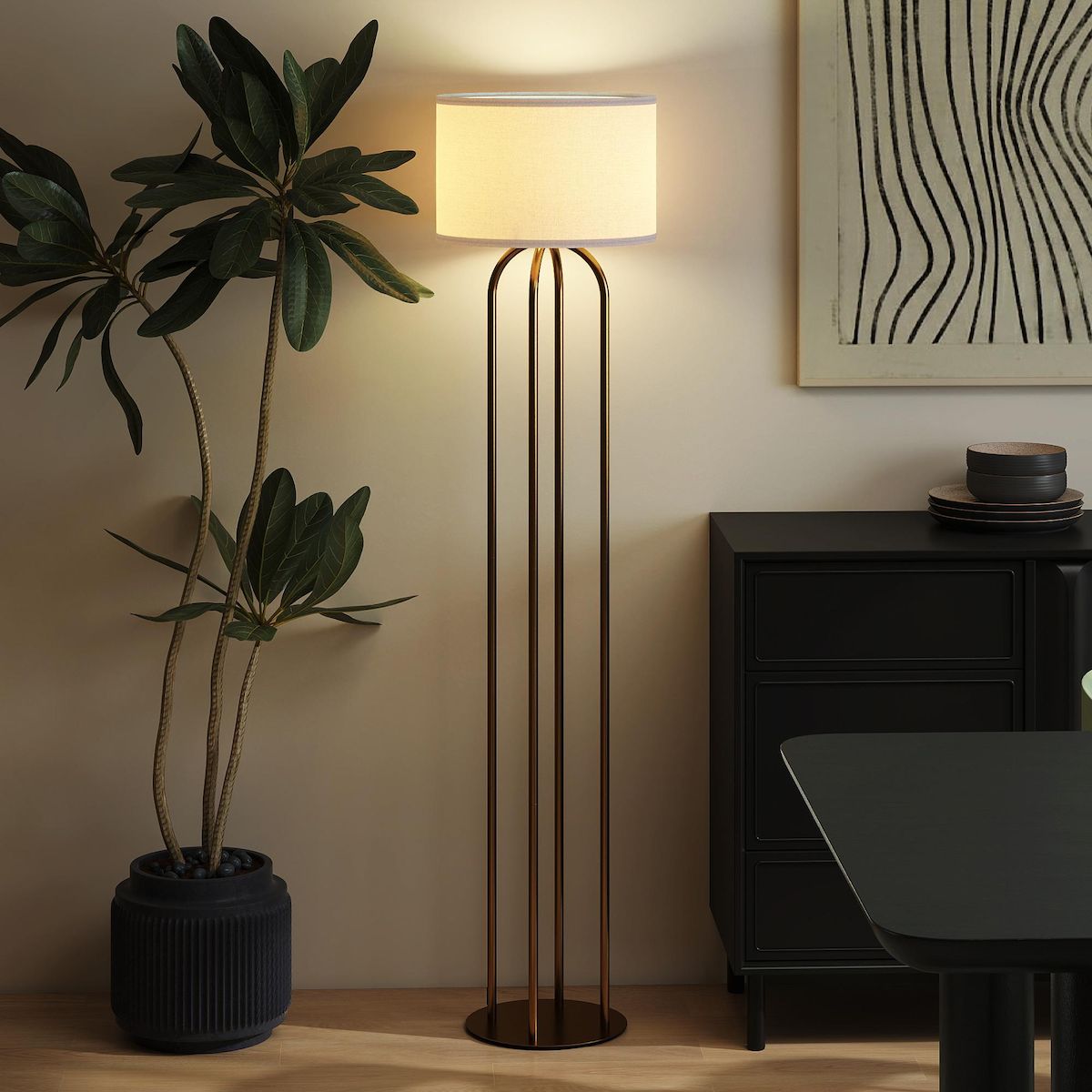 HOMCOM Lampadaire design métal doré 4 pieds base abat-jour circulaire lin beige dia. 38 x H.161 cm