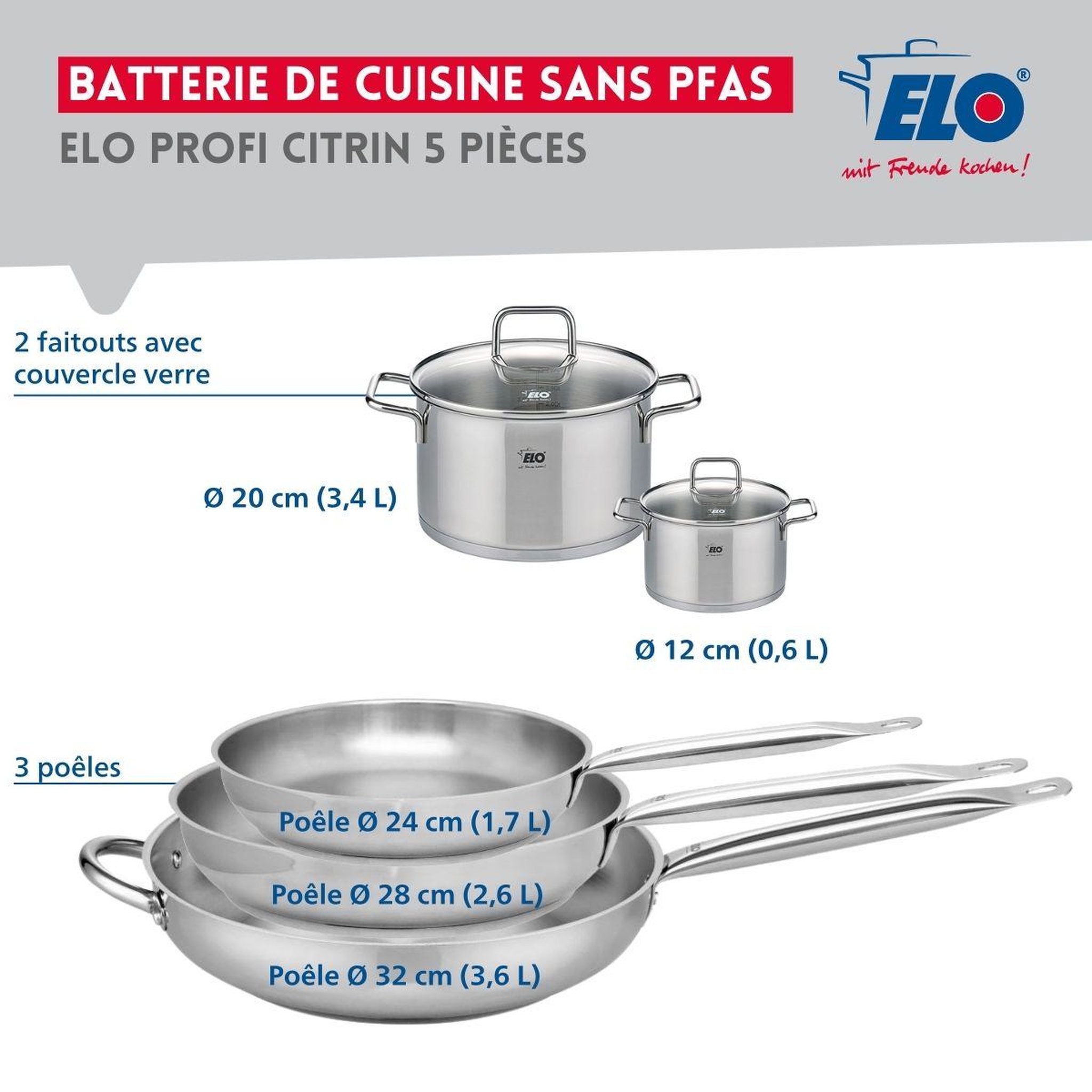 Voir la diapositive 2 : ELO Ensemble de 3 poêles de cuisson 24, 28 et 32 cm et 2 faitouts 12 et 20 cm elo profi citrin