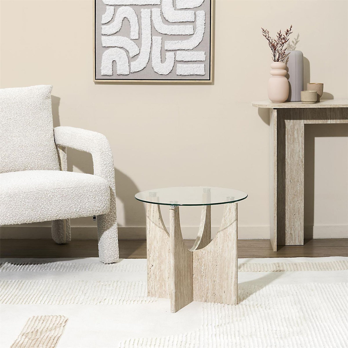 The Home Deco Factory Table d'appoint ronde effet travertin et verre PIETRA - Beige