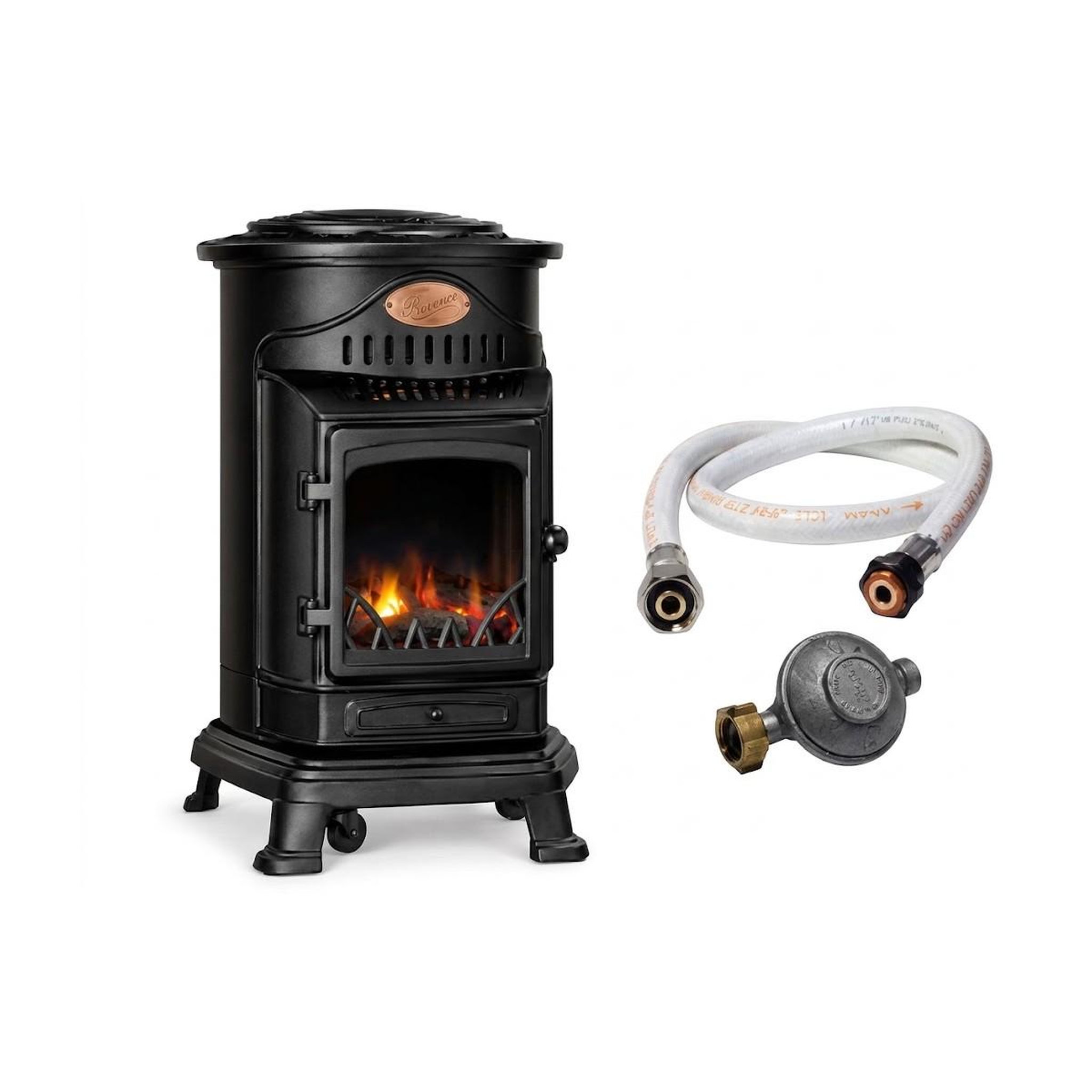 UNIVERSAL Poêle à gaz 3,4KW NOIR Fonte Véritable Effet feu de bois + Tuyau gaz + Détendeur butane Provence Sahara