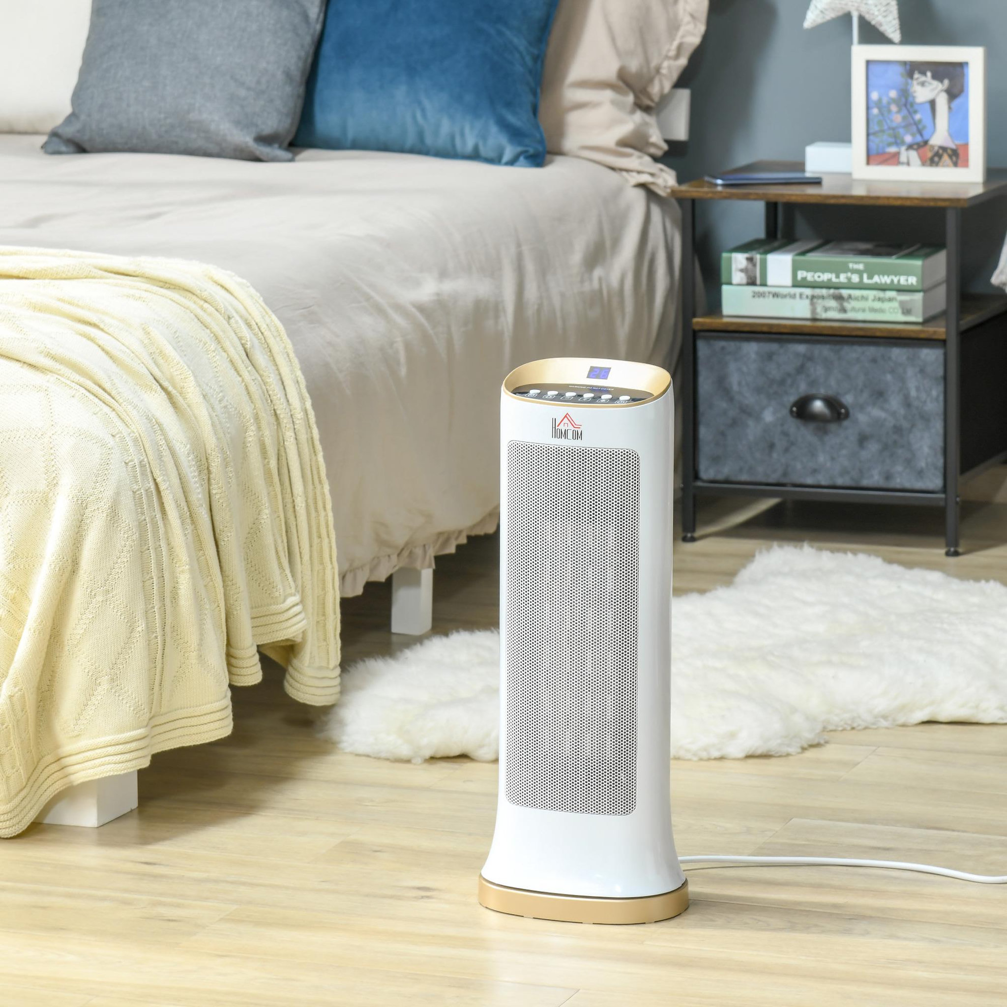 Voir la diapositive 2 : HOMCOM Chauffage soufflant oscillant 2000 W - radiateur céramique PTC - 3 niveaux de puissance - chauffage d'appoint avec télécommande blanc doré