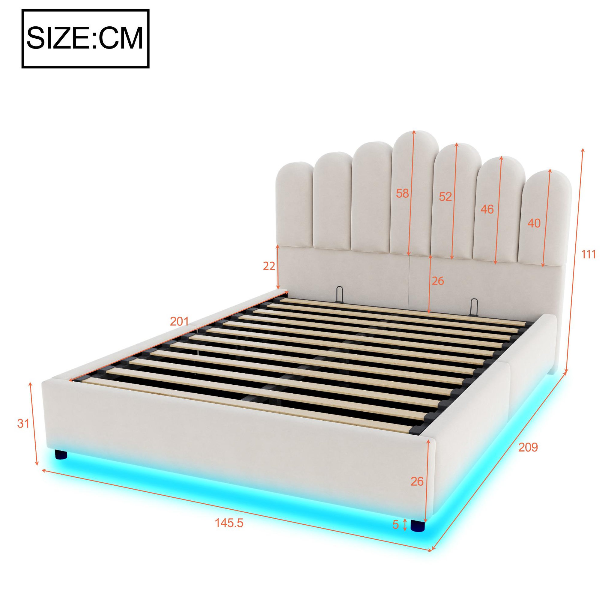 Voir la diapositive 3 : MERAX Lit coffre velours avec led, tête de lit capitonnée et sommier à lattes