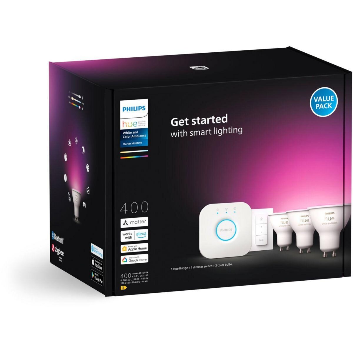 Philips Pack HUE Kit de démarrage GU10x3+télecommande