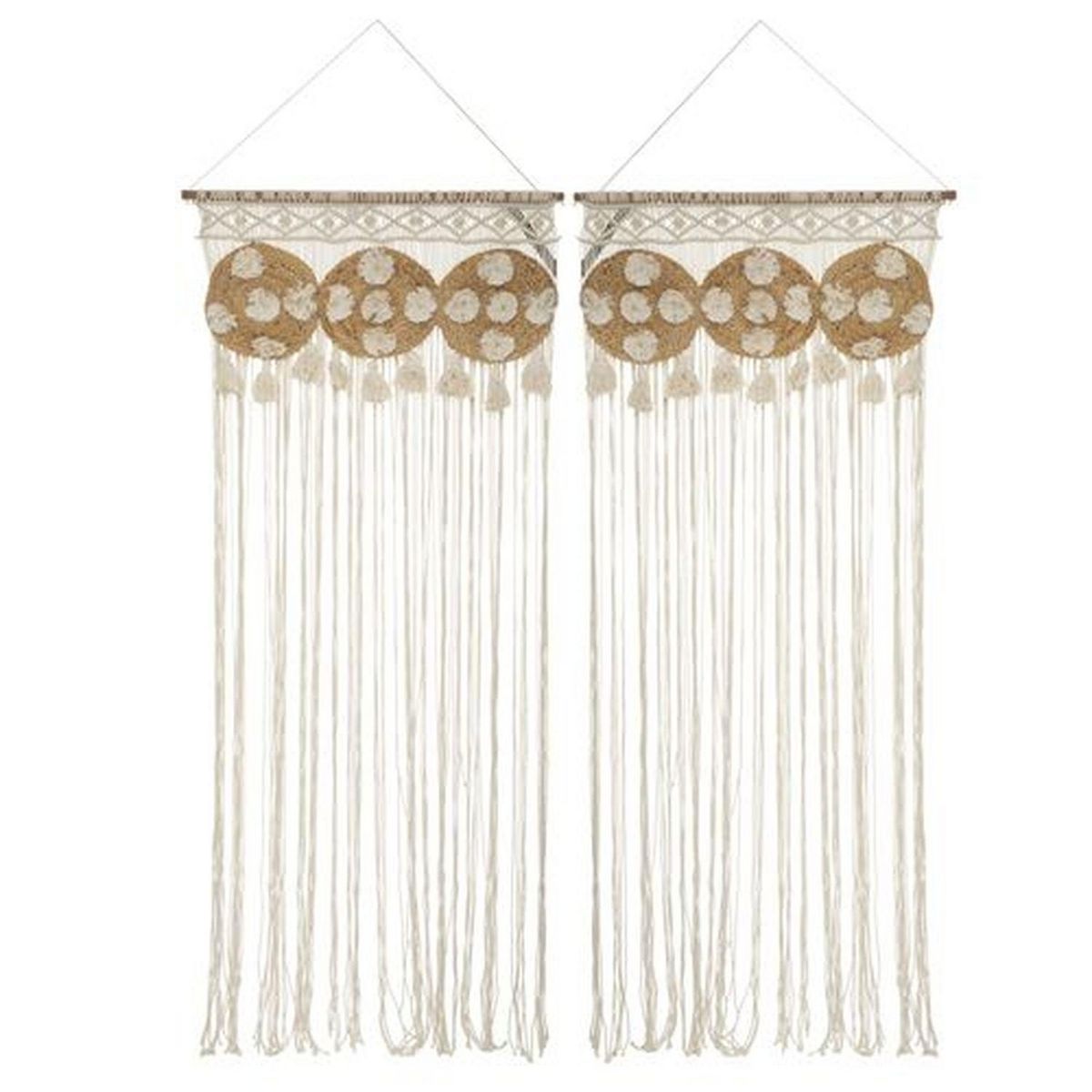 TOILINUX Lot de 2 Rideaux de fils détails macramé et pompons - 90 x 200 cm - Beige