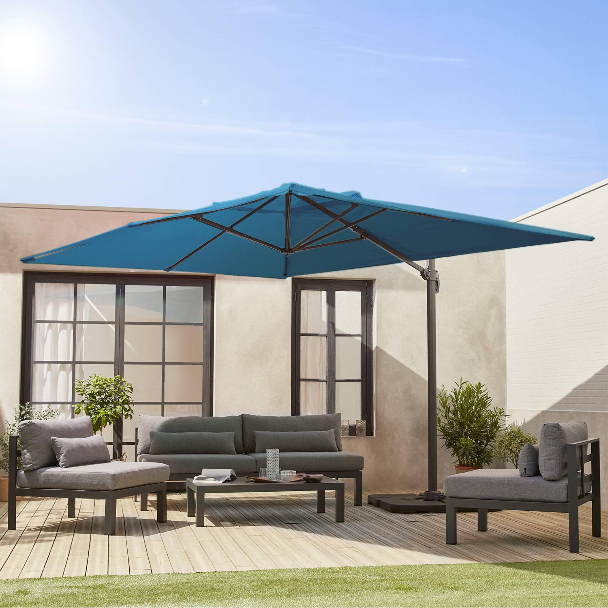 Voir la diapositive 2 : SWEEEK Parasol déporté rectangulaire 3x4 m - Wimereux - Parasol excentré inclinable dans 6 positions, rotatif à 360° + dalles à lester 50x50cm