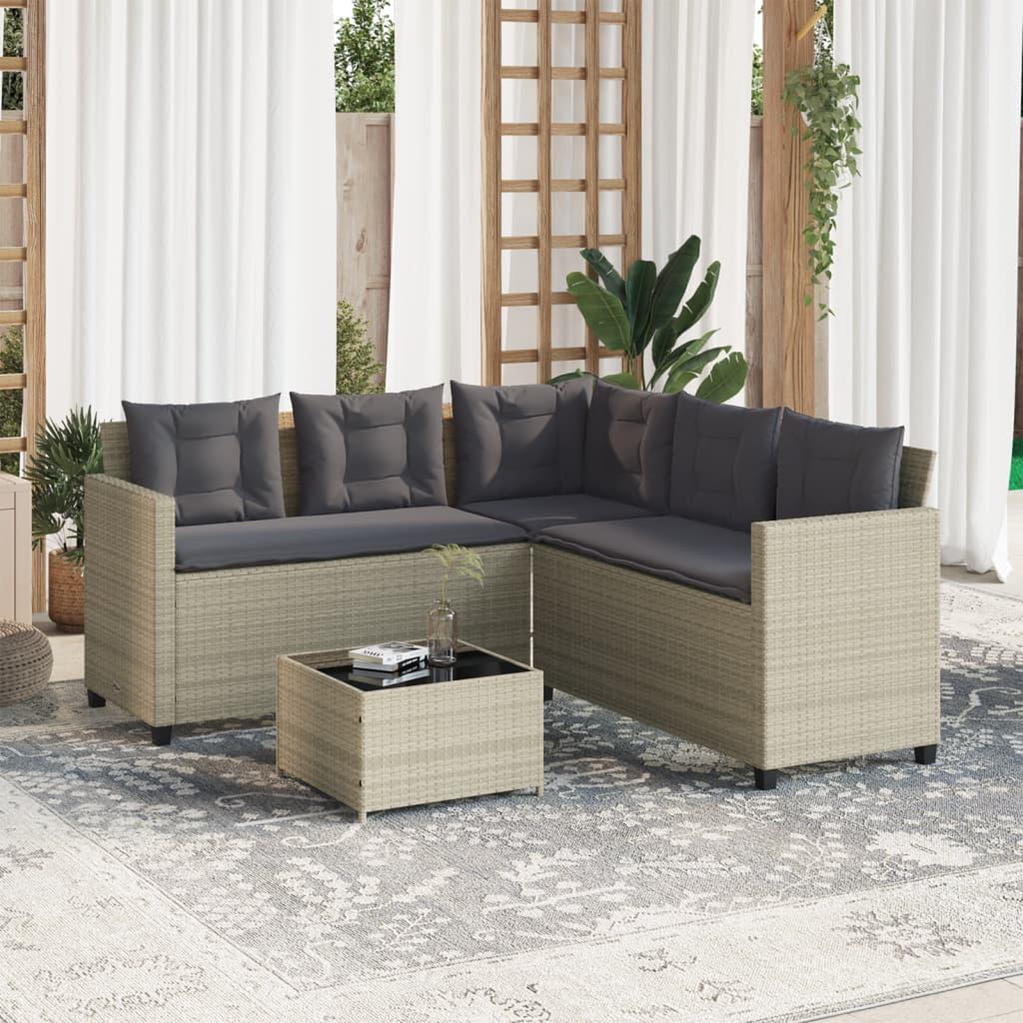 Voir la diapositive 3 : VIDAXL Canape de jardin et table et coussins en forme de L gris clair