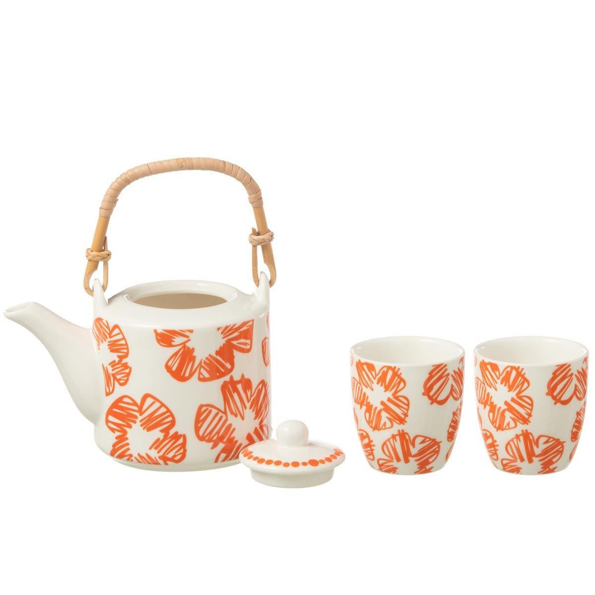 Voir la diapositive 2 : J-LINE Théière & 2 tasses design fleurs  fiesta sud  16cm orange