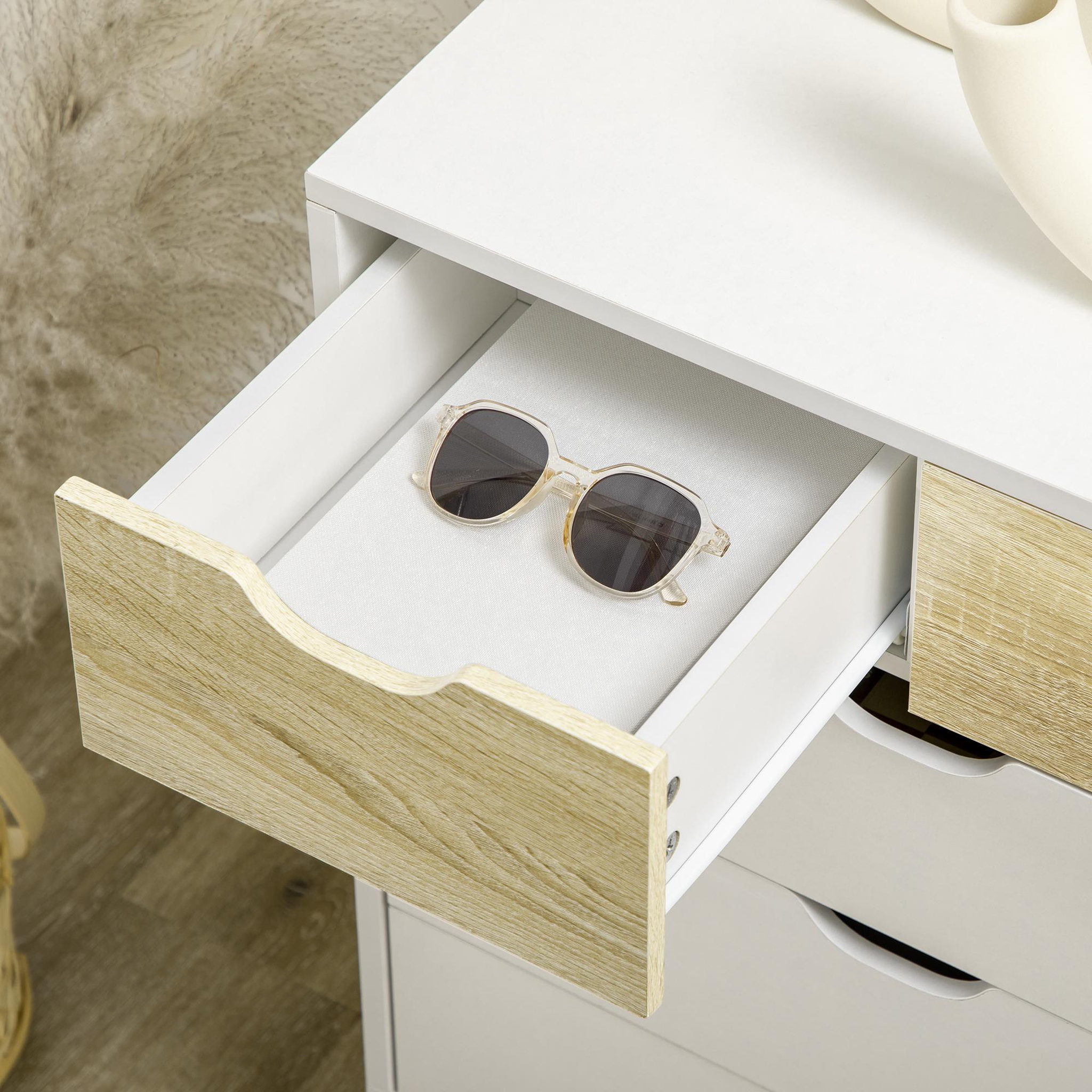 Voir la diapositive 5 : HOMCOM Commode design scandinave 5 tiroirs coulissants piètement bois effilé incliné panneaux blanc aspect bois clair