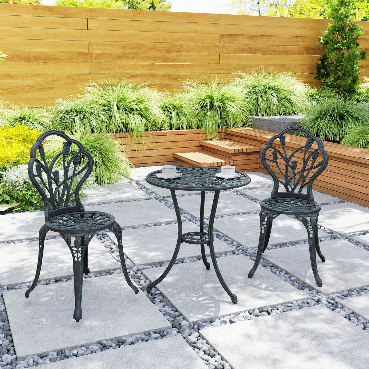 OUTSUNNY Ensemble salon de jardin 2 places 2 chaises + table ronde fonte d'aluminium imitation fer forgé noir effet vieilli