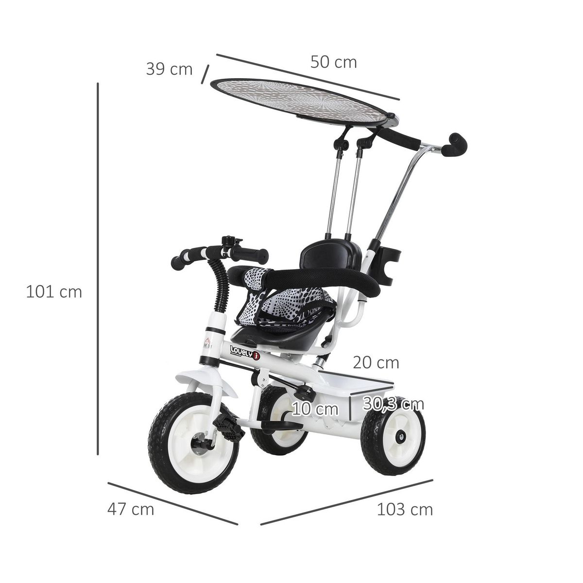 HOMCOM Tricycle enfants pare-soleil pliable canne amovible benne rangement 103 x 47 x 101 cm acier blanc et noir