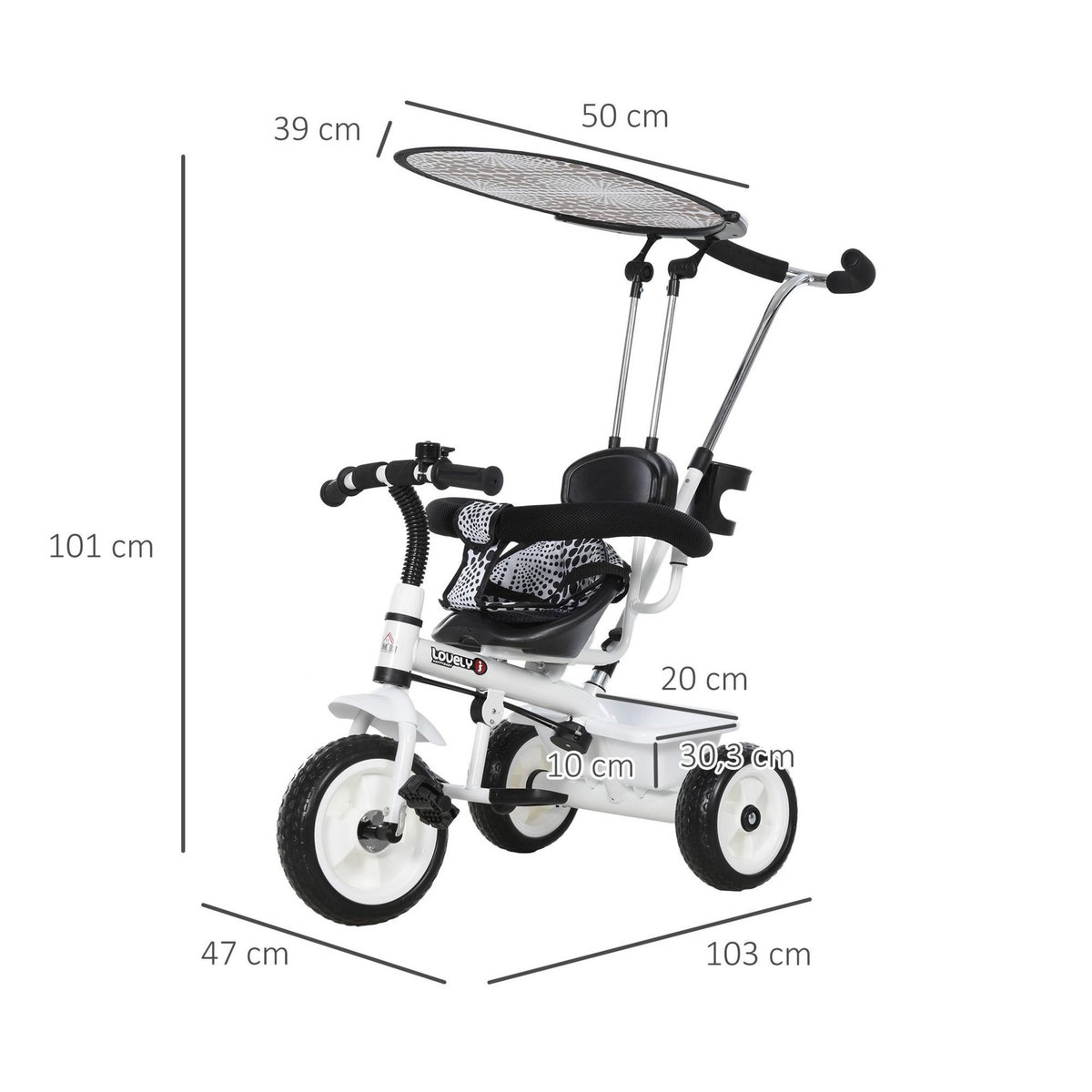 HOMCOM Tricycle enfants pare-soleil pliable canne amovible benne rangement 103 x 47 x 101 cm acier blanc et noir