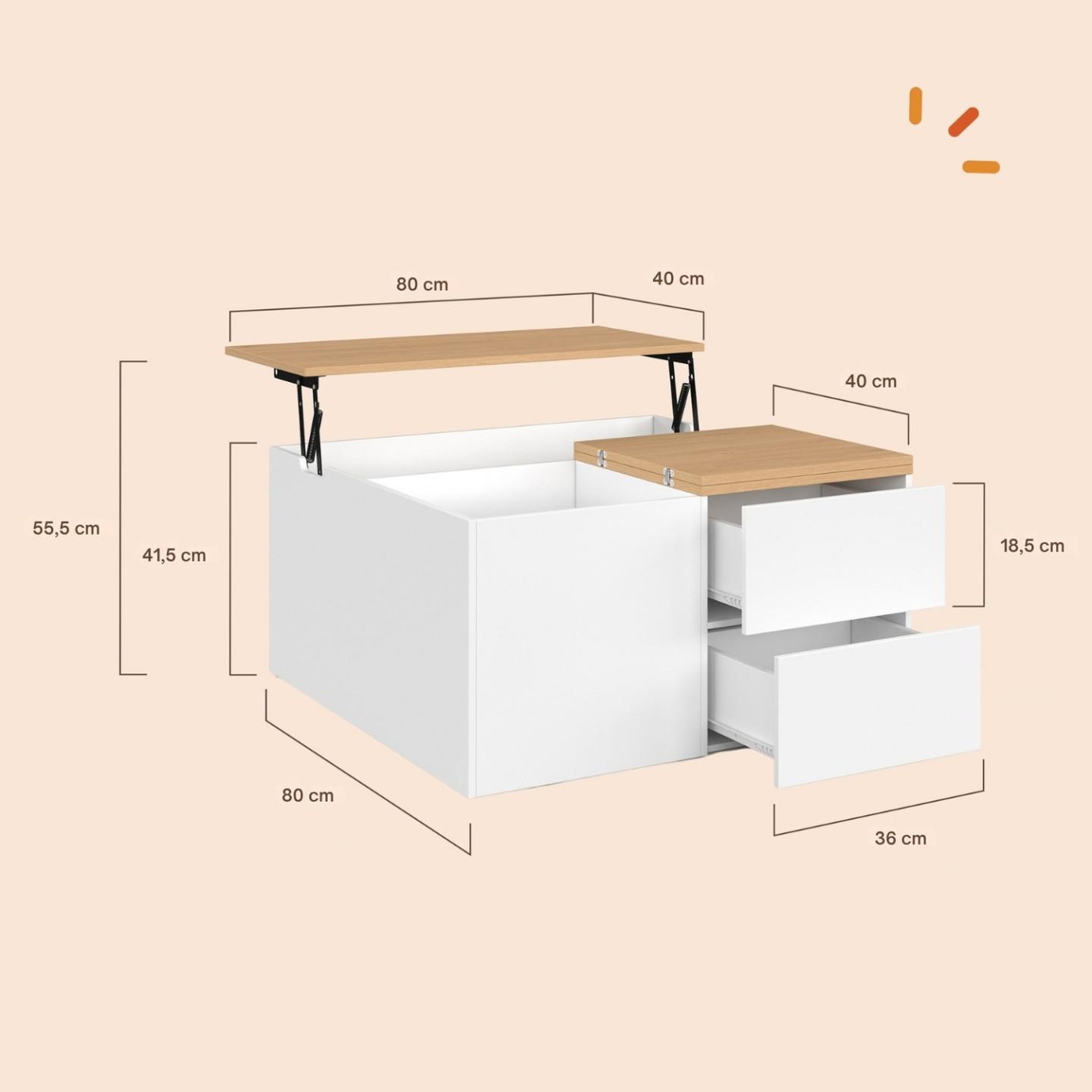 Voir la diapositive 4 : ID MARKET Table basse plateau relevable carrée CALIA 80 cm avec 2 coffres et 2 tiroirs blanc et bois