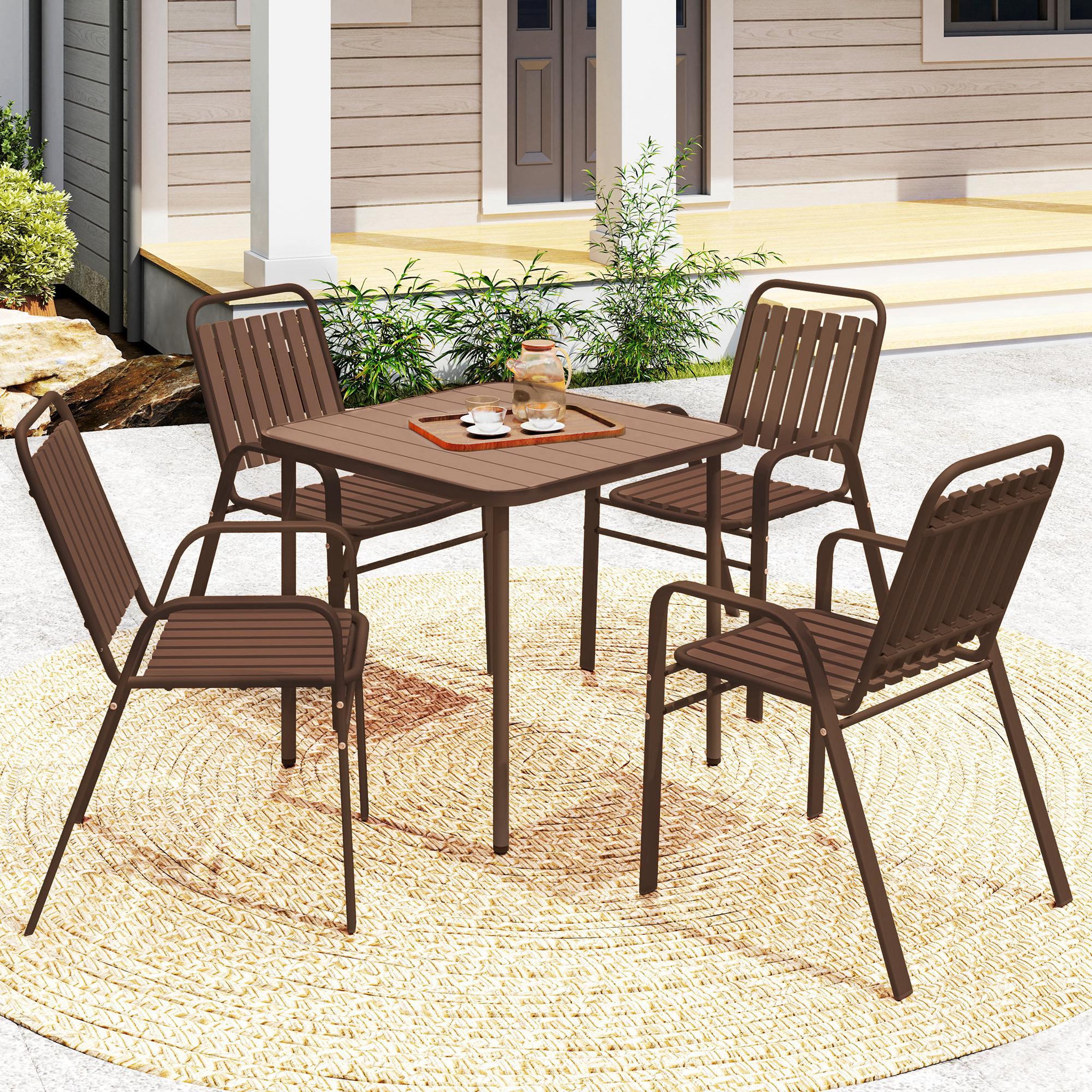 Voir la diapositive 2 : OUTSUNNY Lot de 4 chaises de jardin empilables design néo-rétro avec hauts dossiers accoudoirs acier époxy PP marron