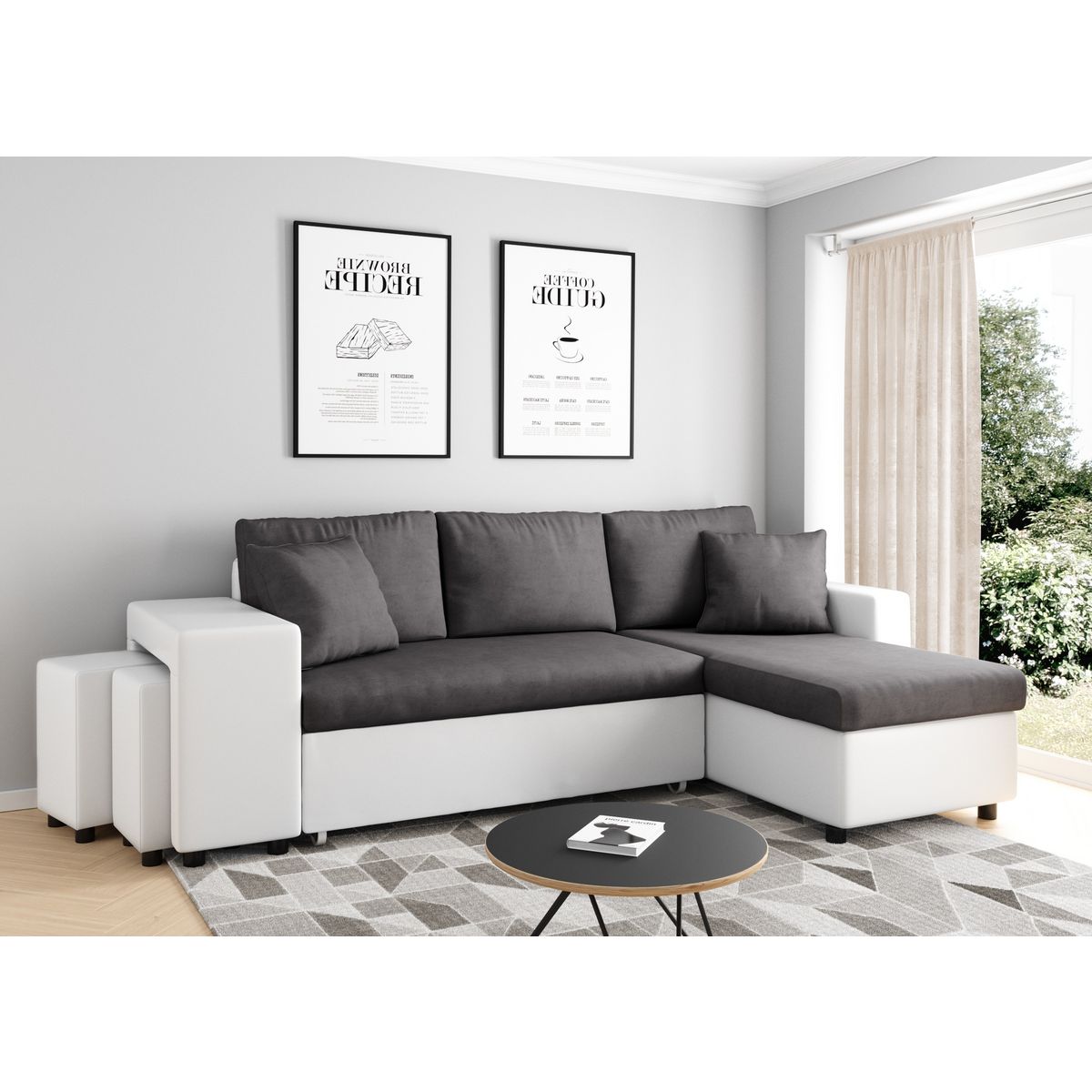 Canapé angle droit convertible + 2 poufs + coffre tissu simili ANETTA
