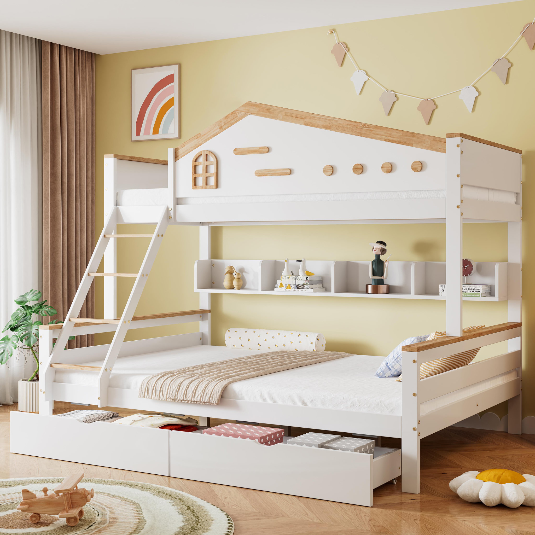 Voir la diapositive 4 : MERAX Lit superposé 90x200(140x200)cm bois et mdf coloris blanc+naturel