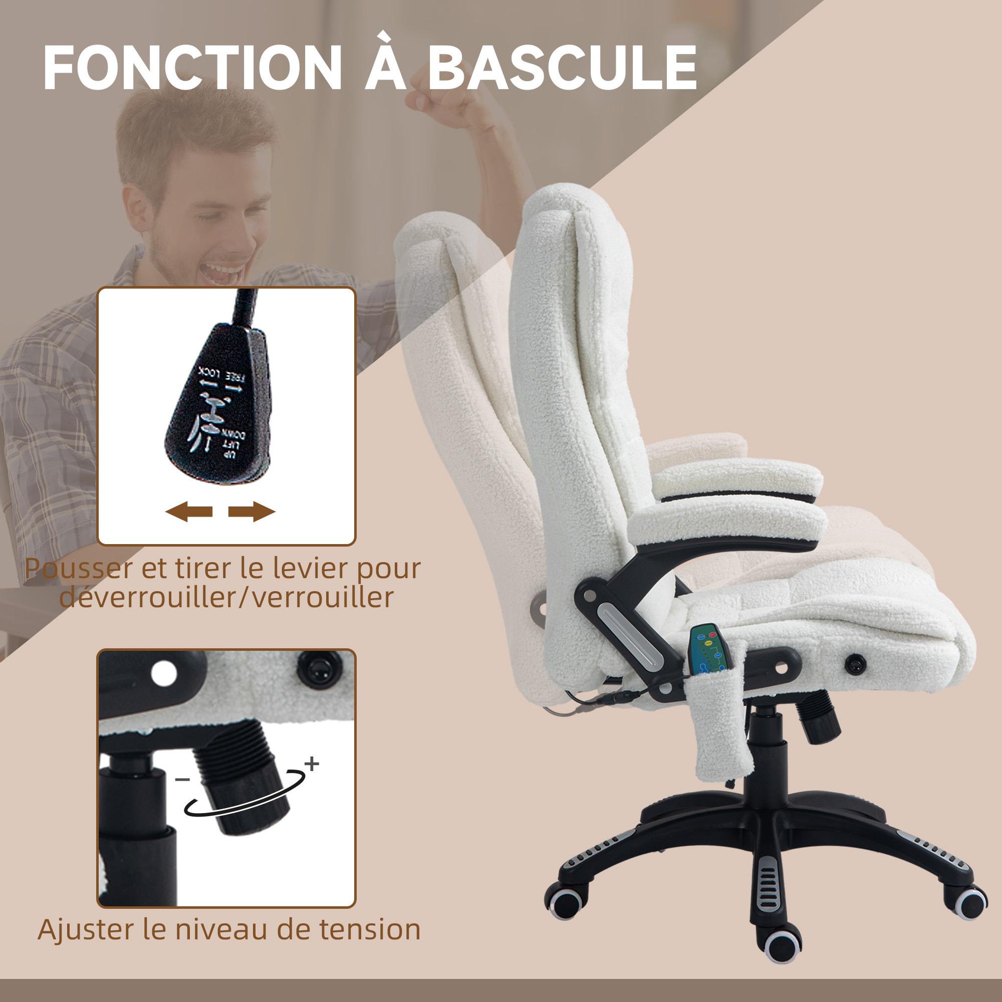Voir la diapositive 6 : VINSETTO Fauteuil de bureau direction massant chauffant hauteur réglable dossier inclinable effet laine bouclée blanc