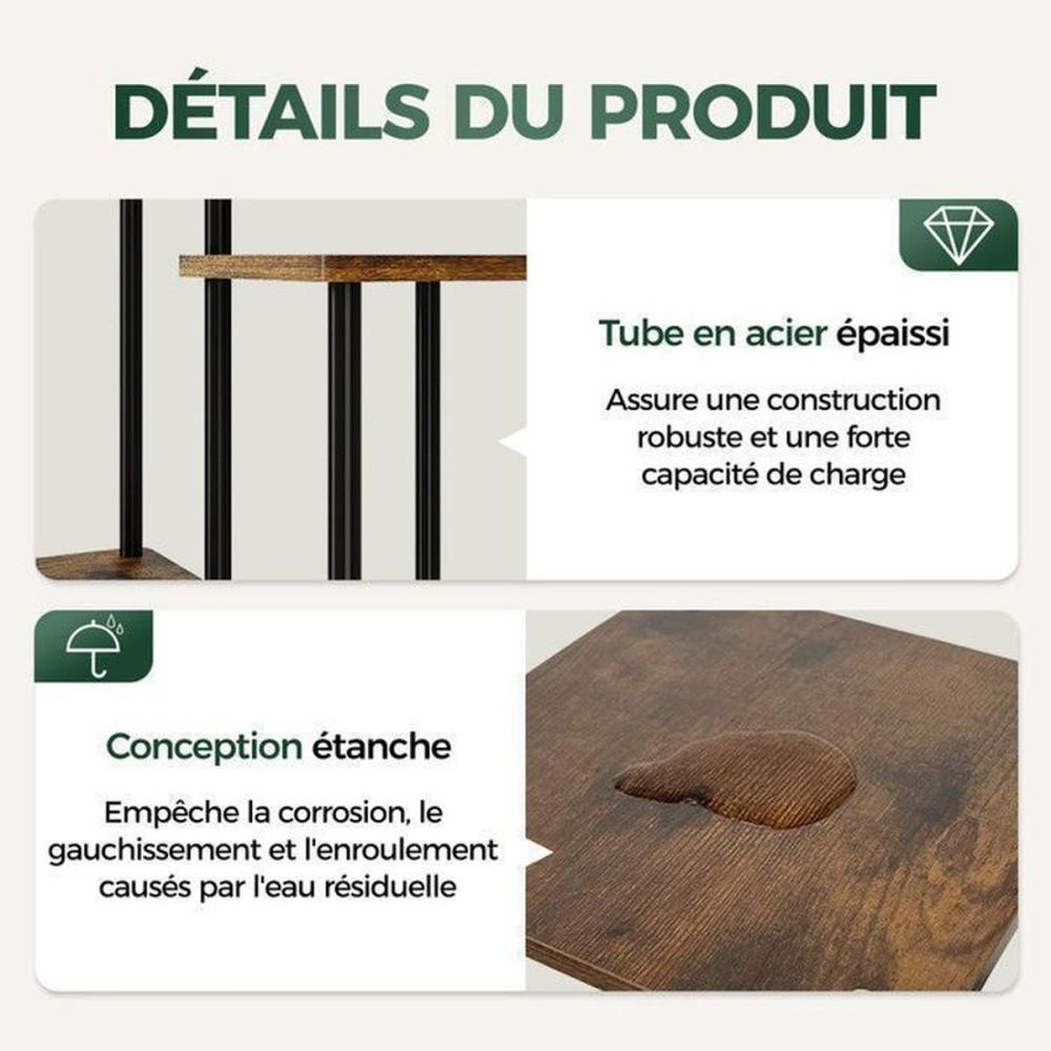 Voir la diapositive 6 : Présentoir à plantes 5 niveaux métal et MDF brun 30 x 30 cm, hauteur 106,7 cm, cadre noir, pour intérieur